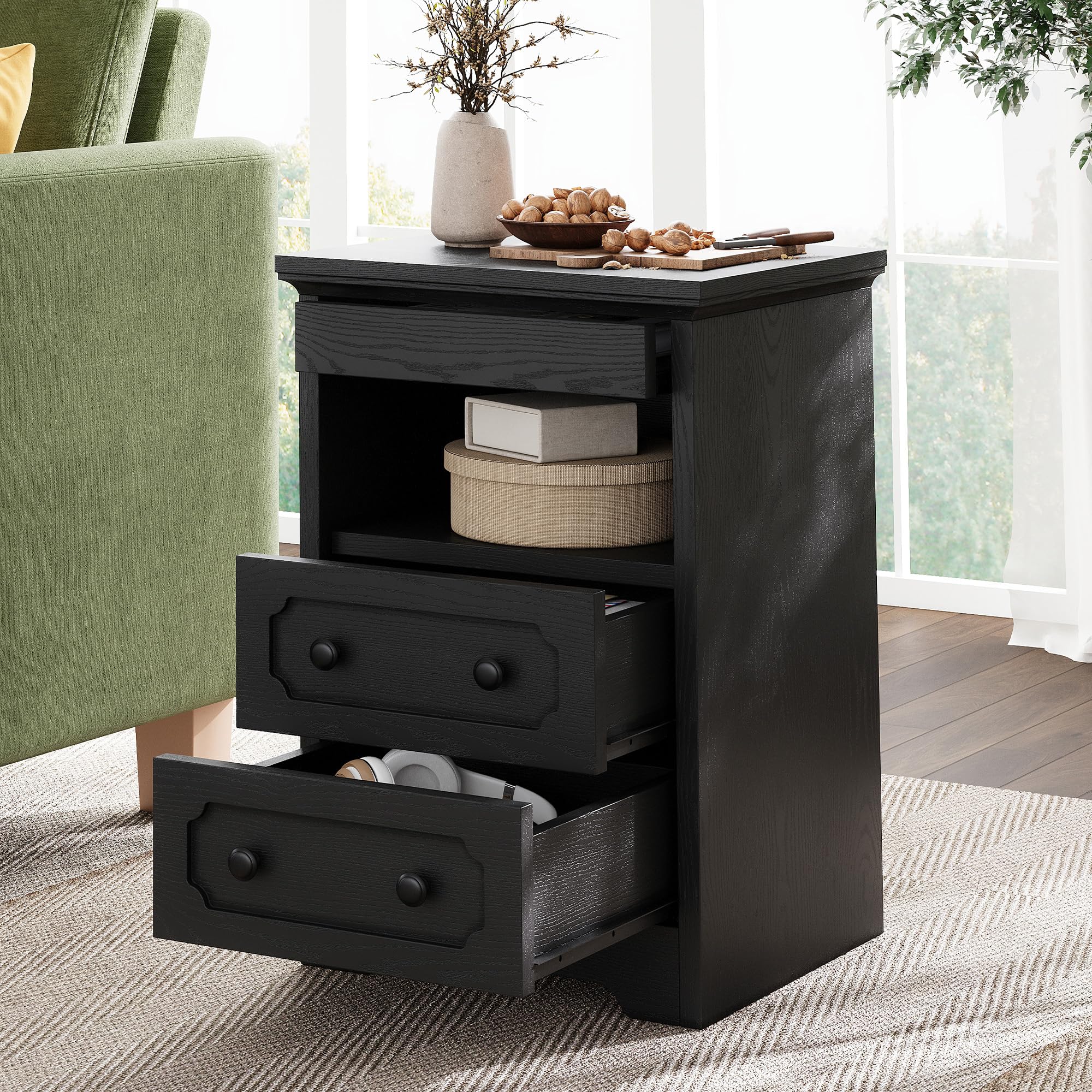 Night Stand, Modern Bedside Table with 2 Drawers, Open Shelf