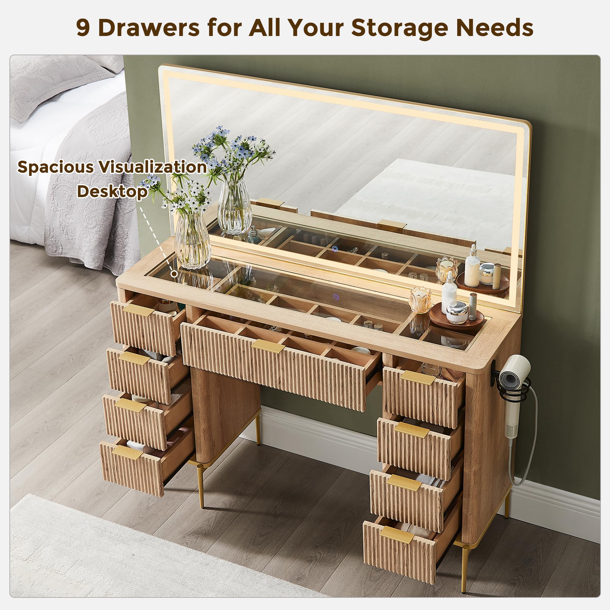 48" Fluted Makeup Vanity Desk with LED Mirror, 9 Drawers & Charging Station