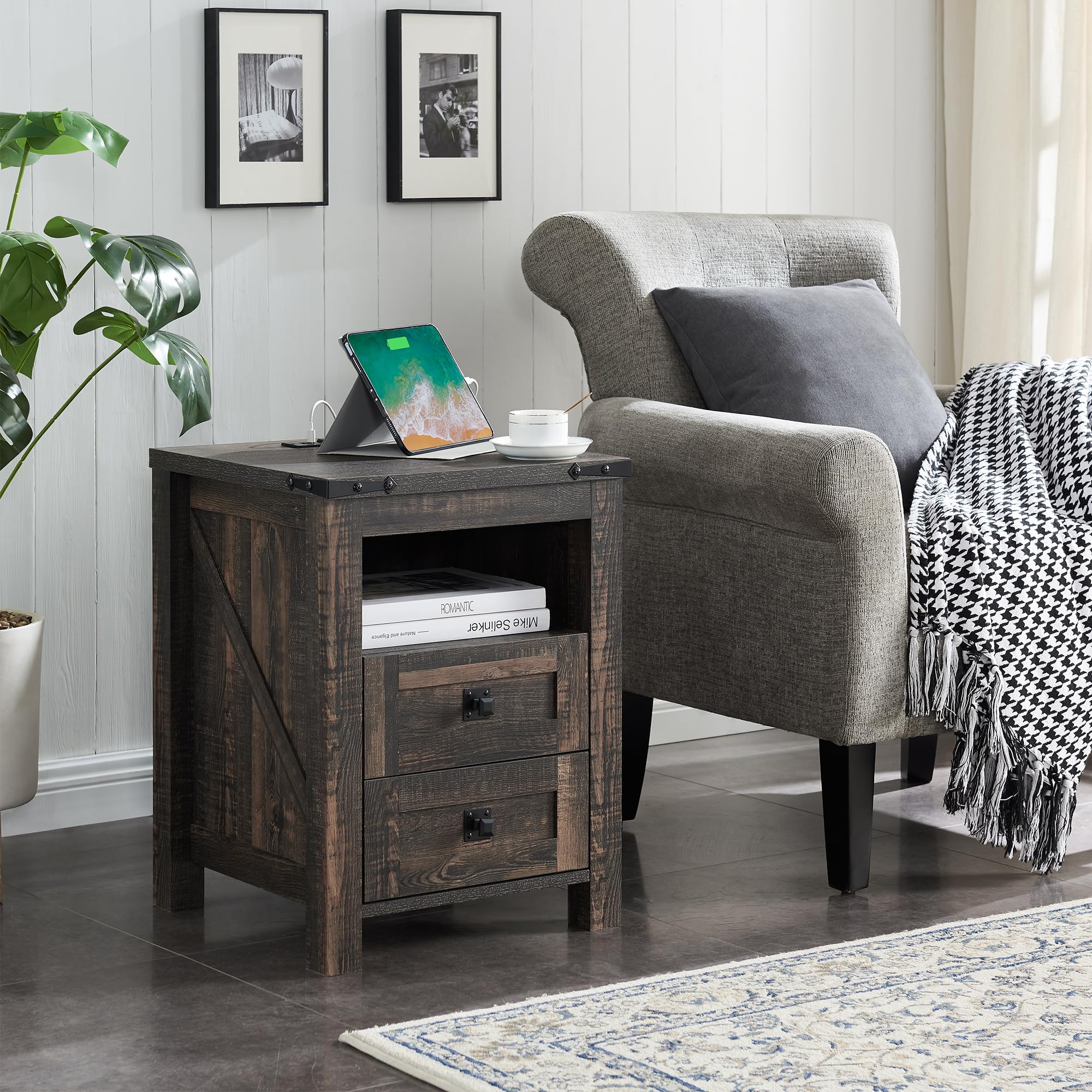 Farmhouse Nightstand with Charging Station, Rustic 18 Inch End Table