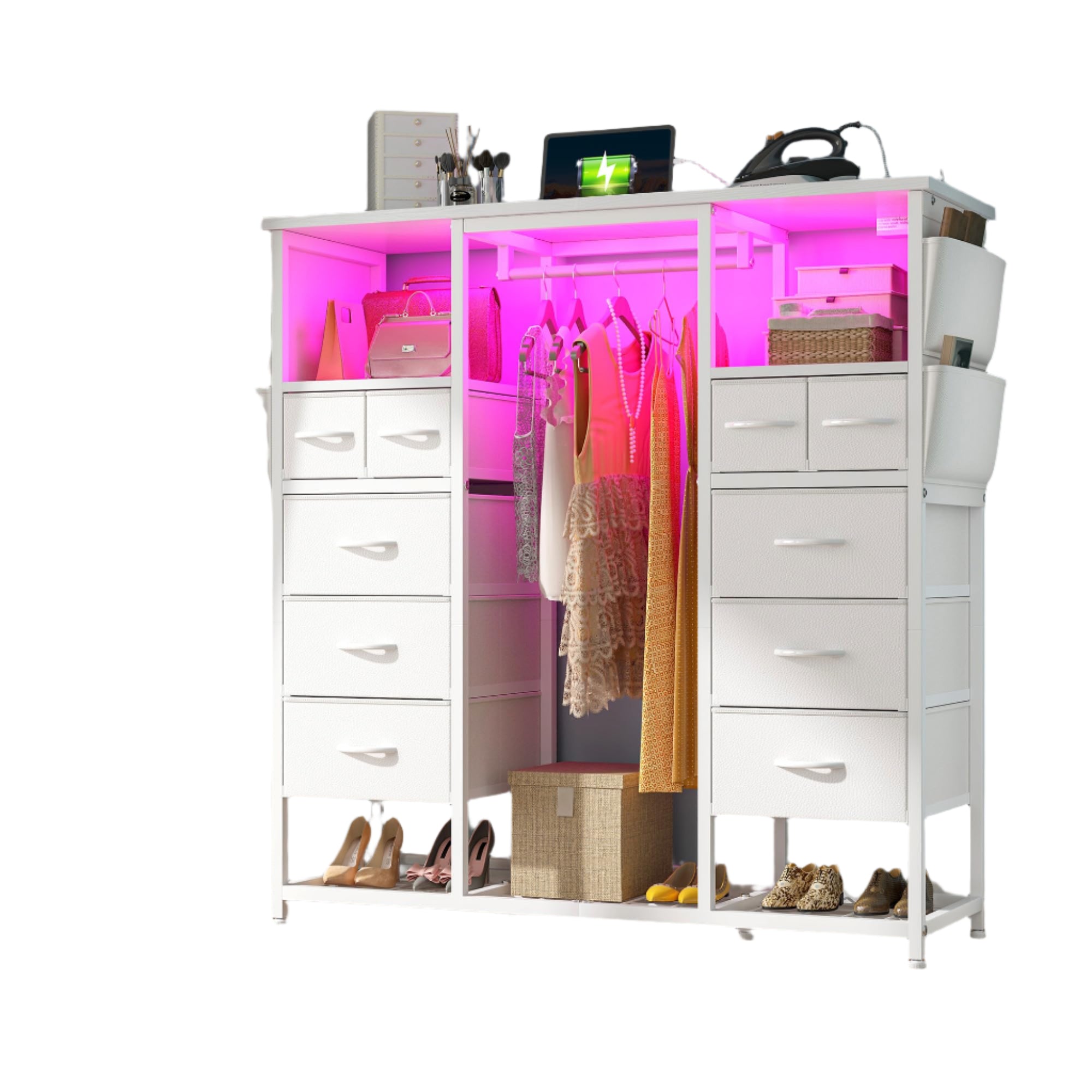 White Dressers for Bedroom with Hanging Rack & Clothes Rack Side Pockets