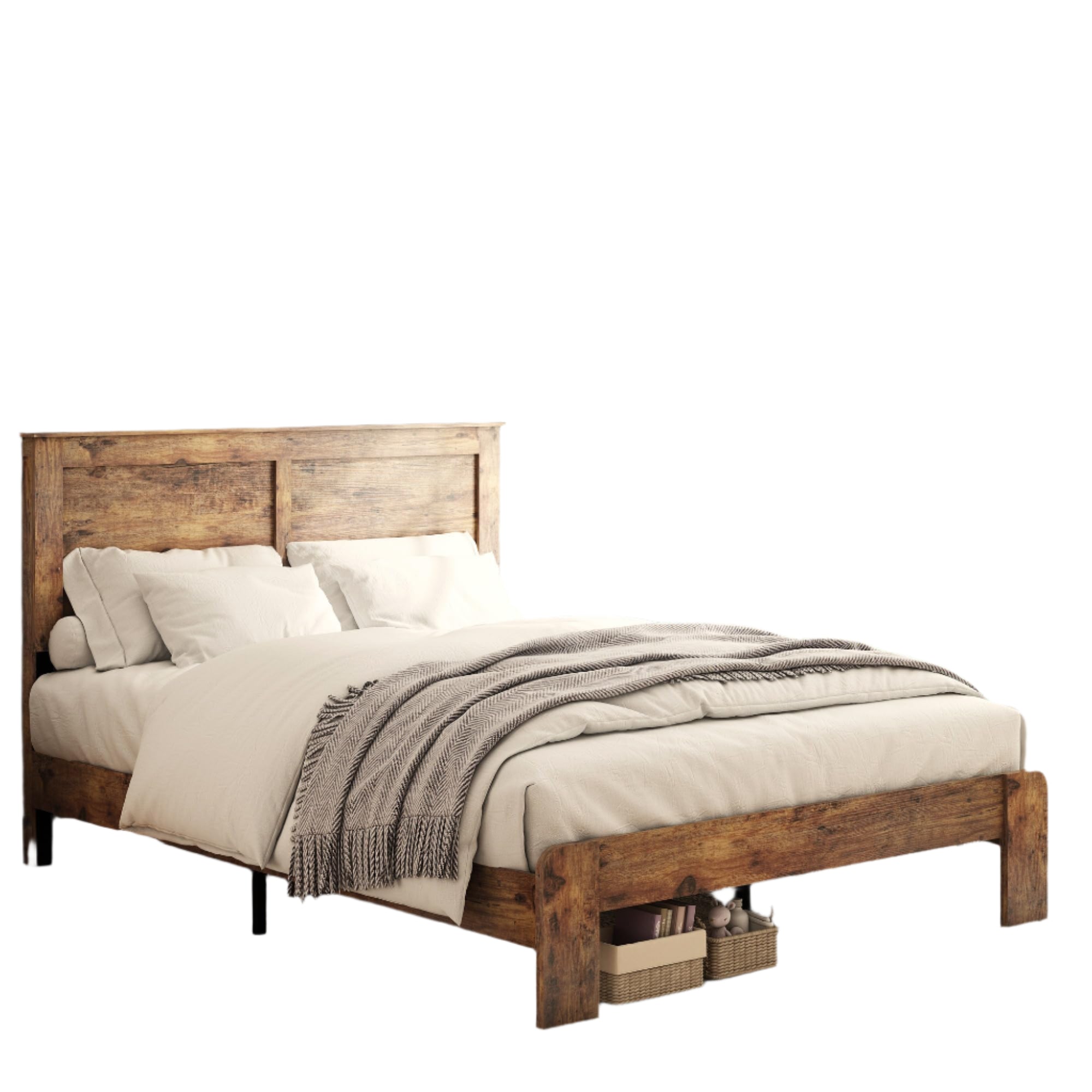 Wood Platform Bed Frame, Queen Size Bed Frame with Headboard and Wood Slat Support