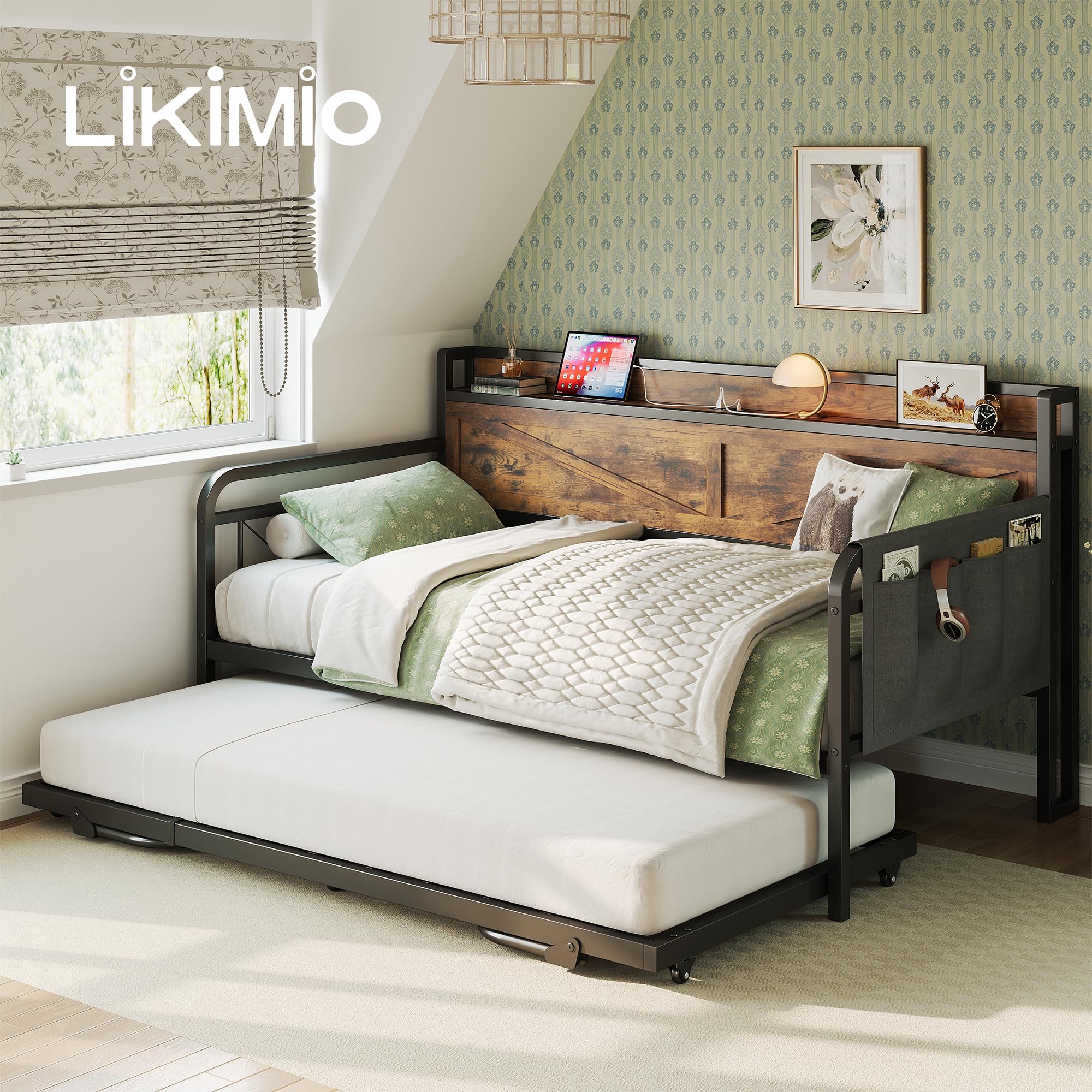 Daybed with Trundle Bed, Storage Headboard with Charging Station