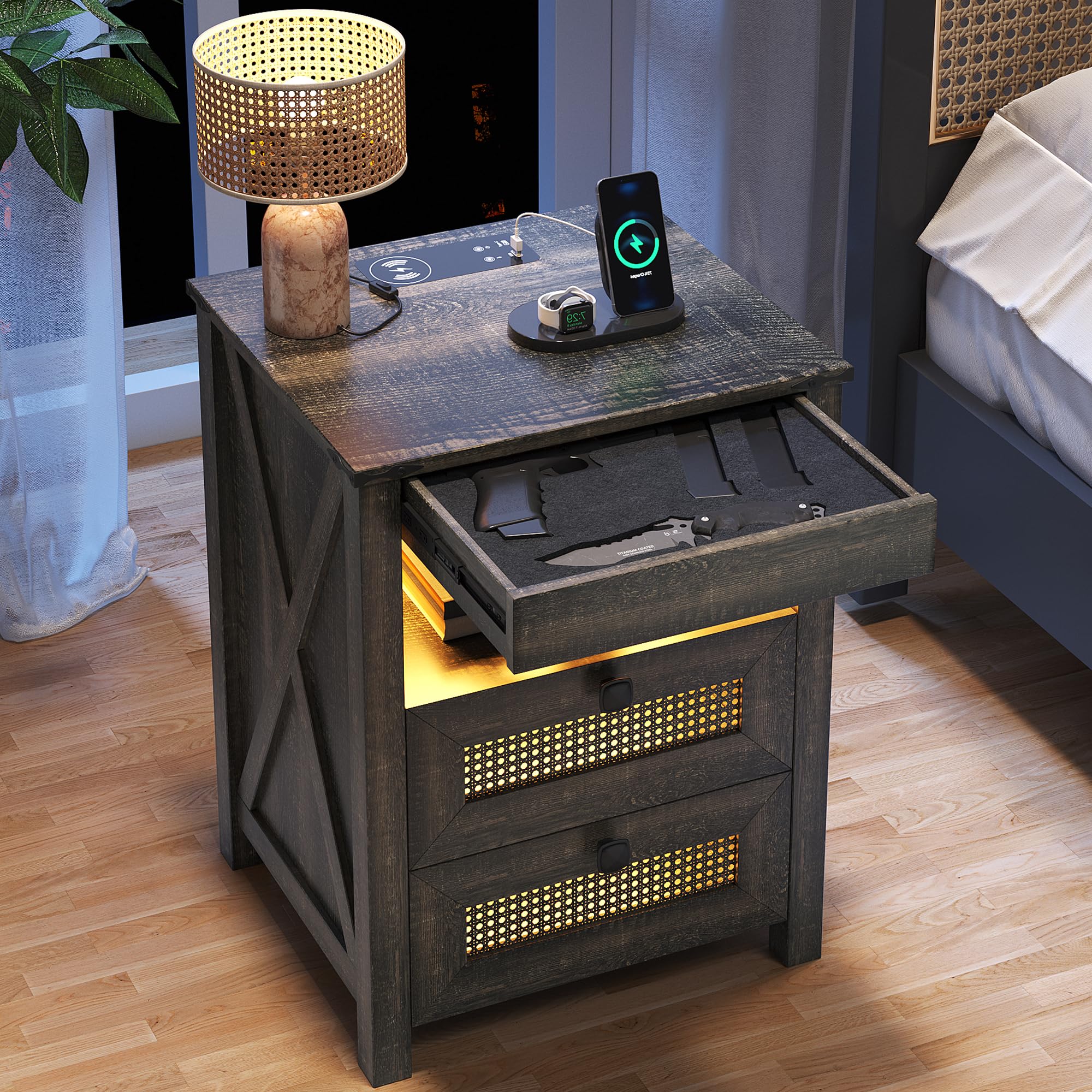 Night Stand with Gun Drawer, Bedside Table with Charging Station & LED Light