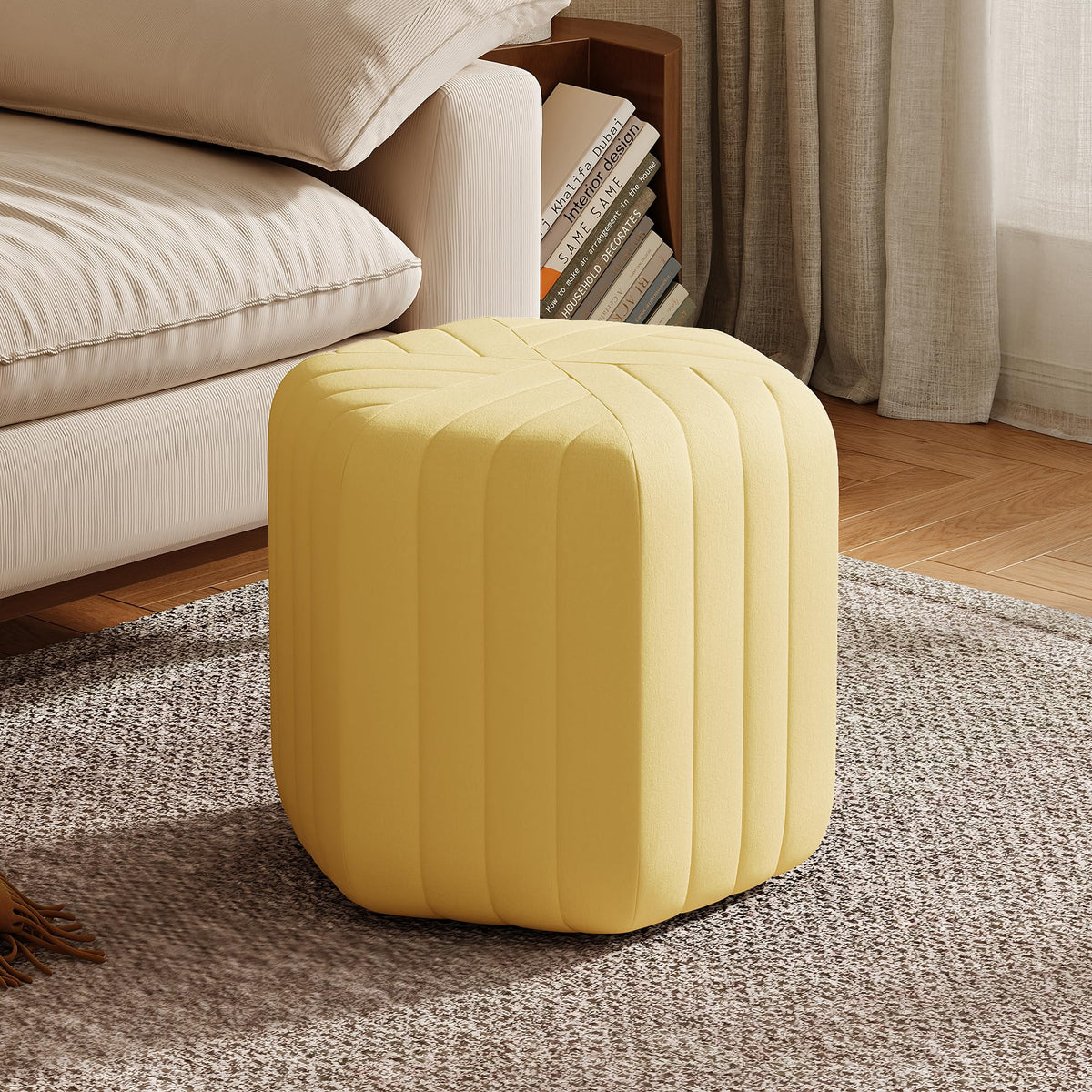 Hexagonal Velvet Ottoman with Wood Base