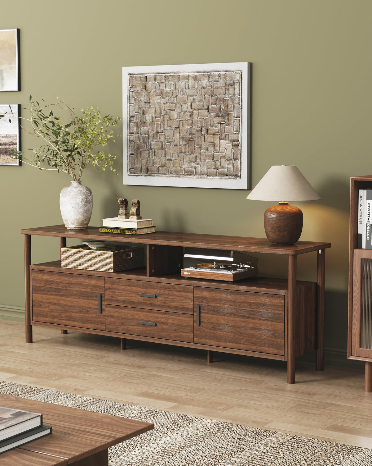 70" TV Stand – Mid-Century Modern Entertainment Center with Open Shelves, Drawers & Cabinets