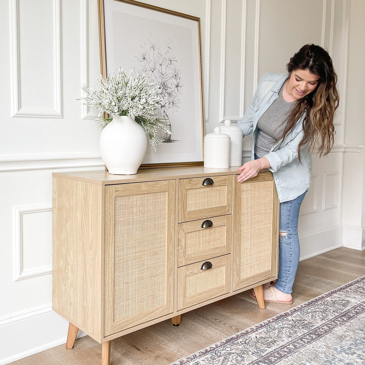 Rattan Sideboard Buffet Cabinet with Doors & Drawers