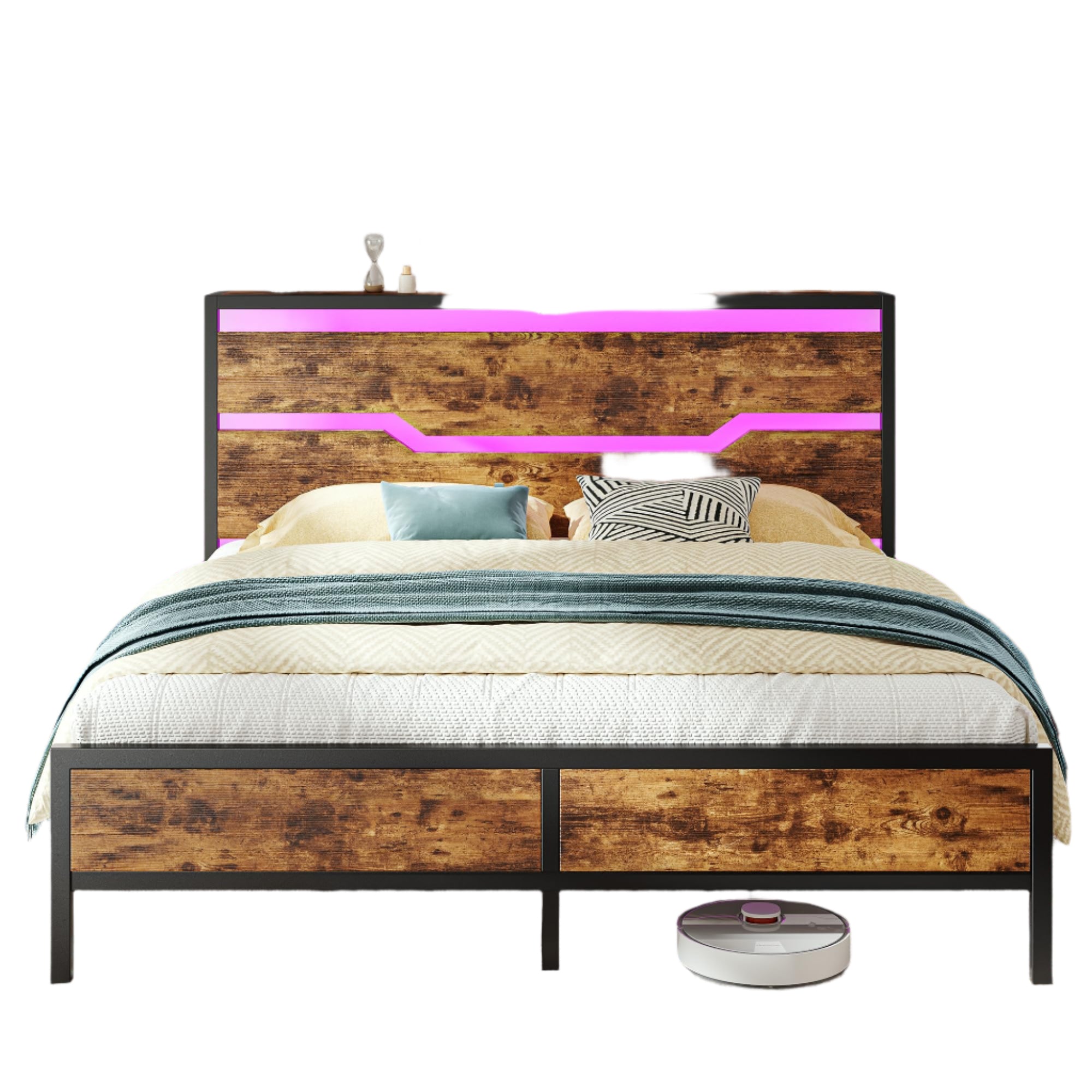 Queen Bed Frame with Headboard,Bed Frame Queen Size with LED Lights & Charging