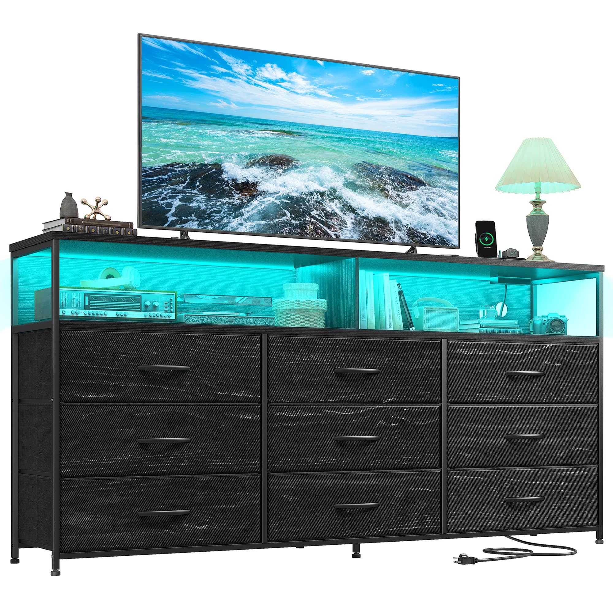 55" W Dresser for Bedroom with 9 Drawer, LED TV Stand with Power Outlets for 45