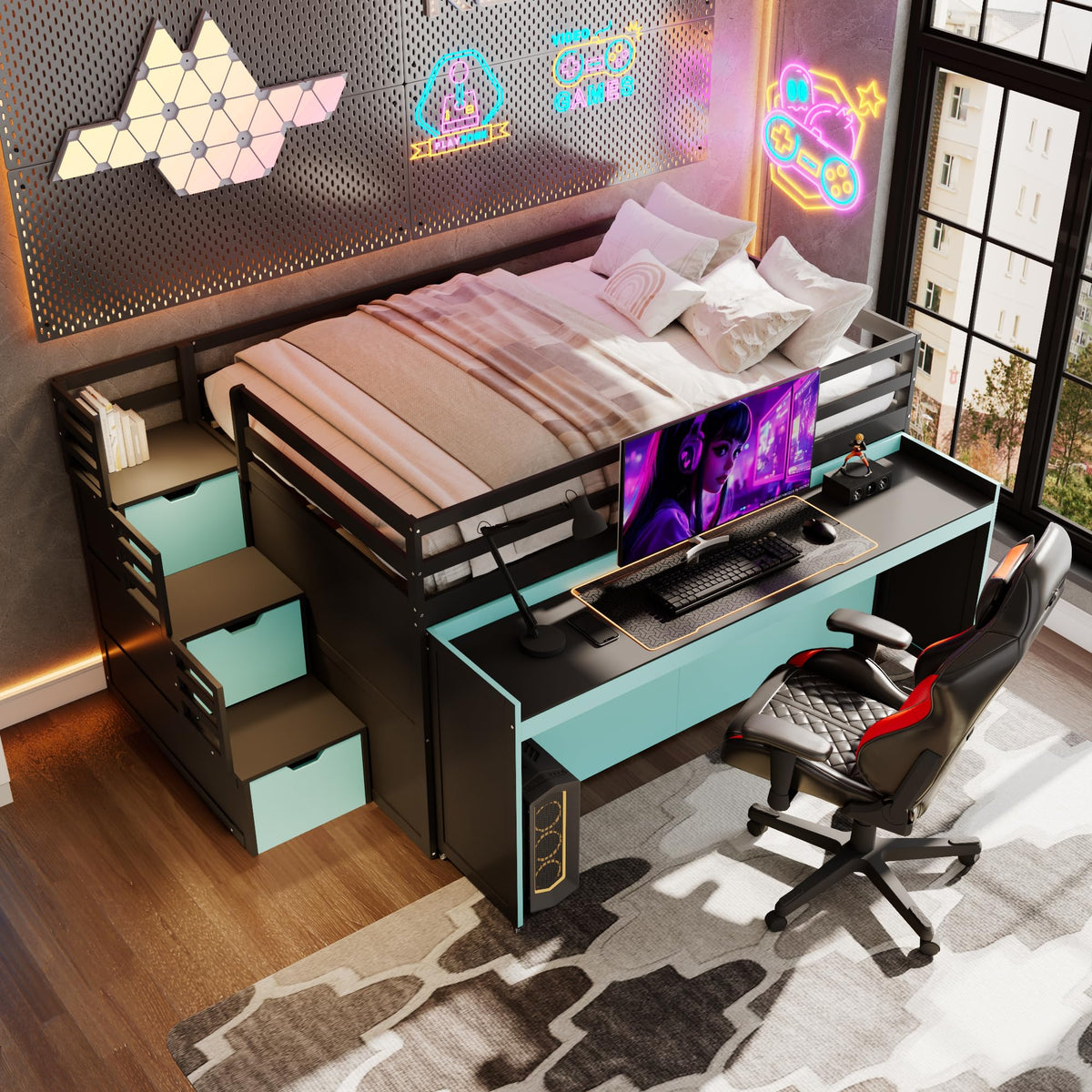 Full XL Loft Bed with Desk, Trundle & Storage Staircase