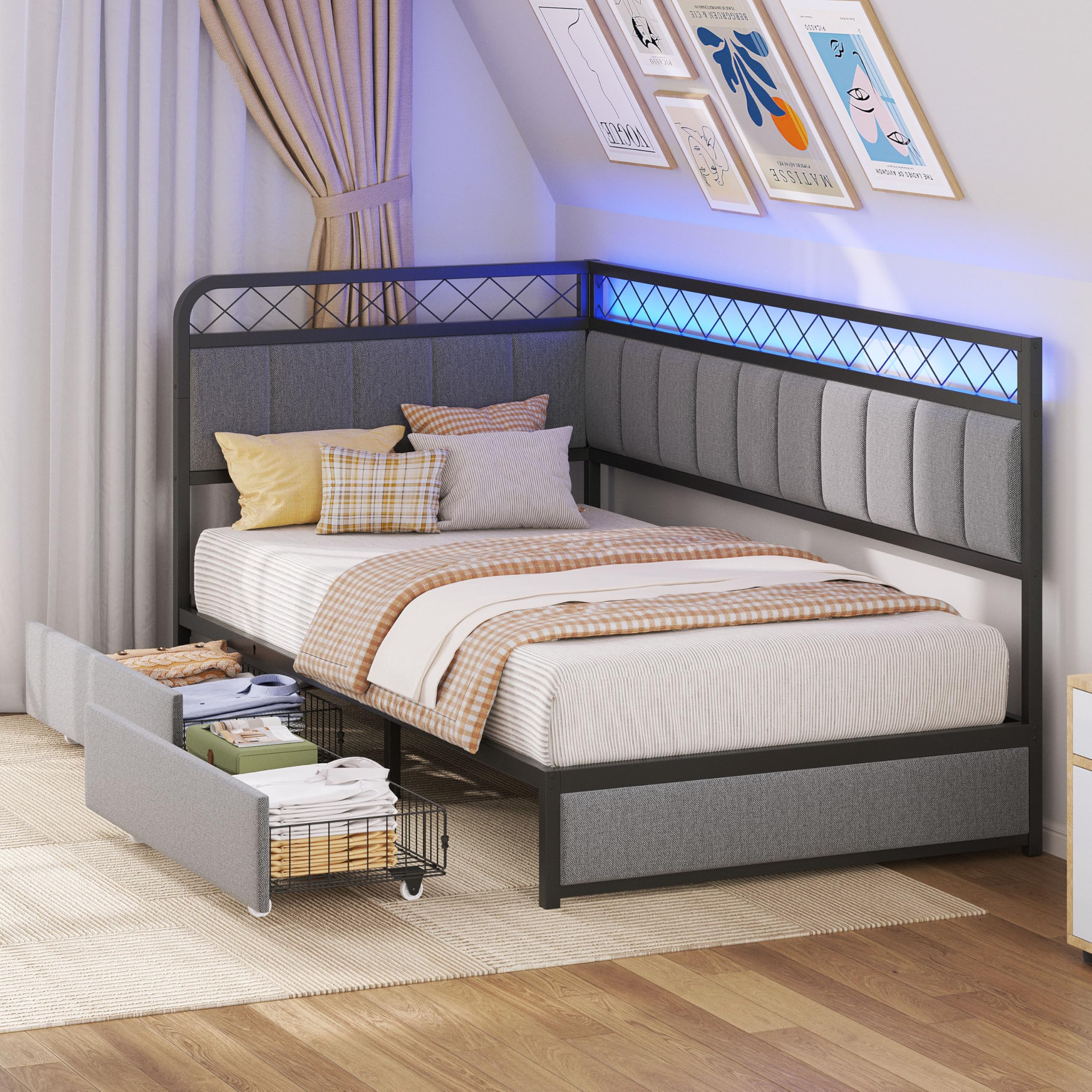 Twin Corner Bed Frame with 2 Storage Drawers, Daybed with LED Lights