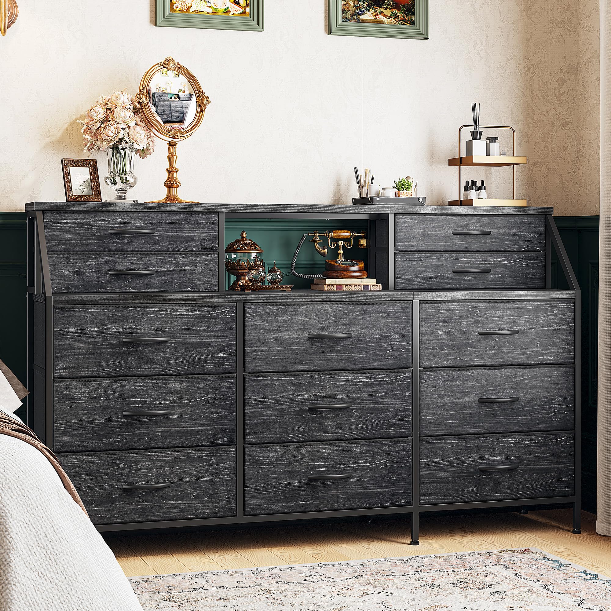 55" W Black Dresser for Bedroom,Dressers & Chests of Drawers with 13 Fabric