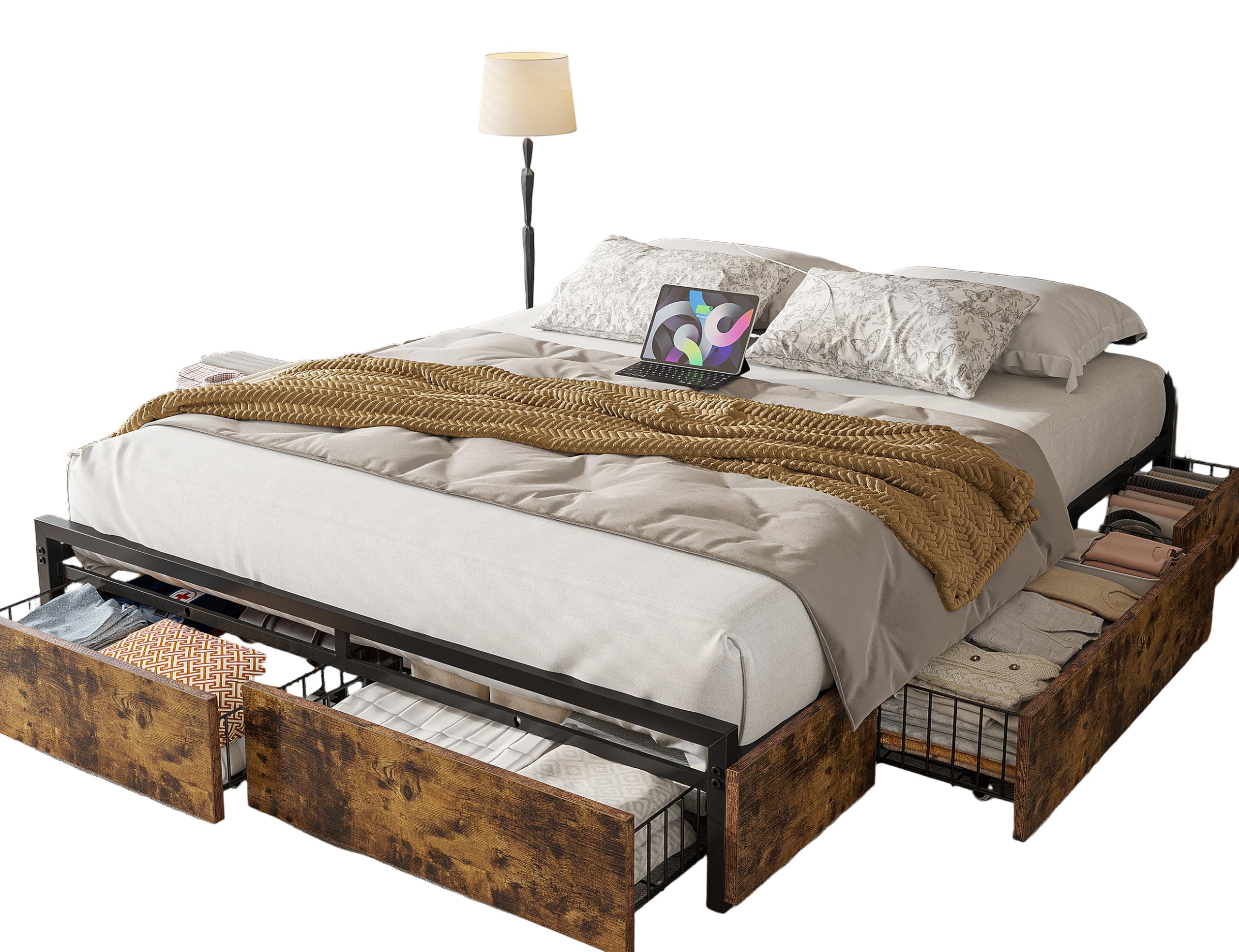 Queen Bed Frame with 6 Storage Drawers, Bed Frame Queen Size with Headboard