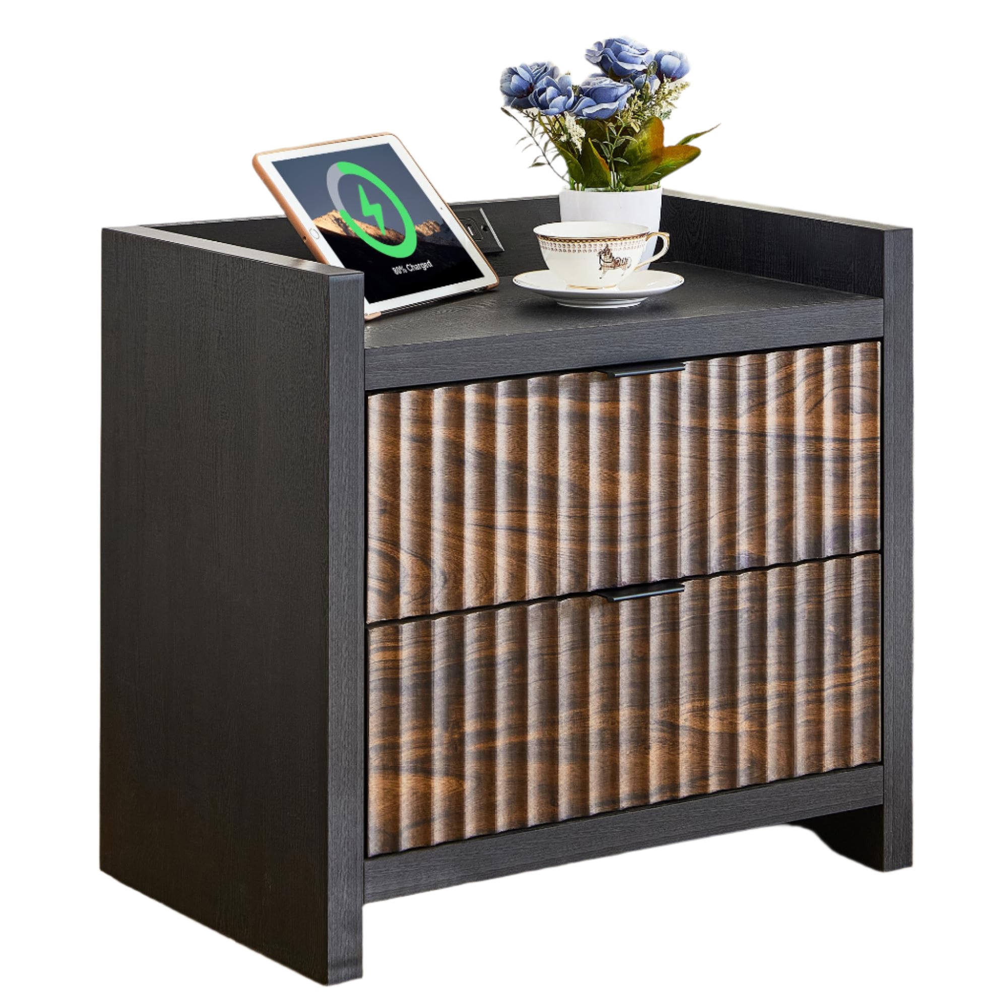 24" Night Stand Fluted Nightstand with Charging Station End Table 2 Drawers Storage