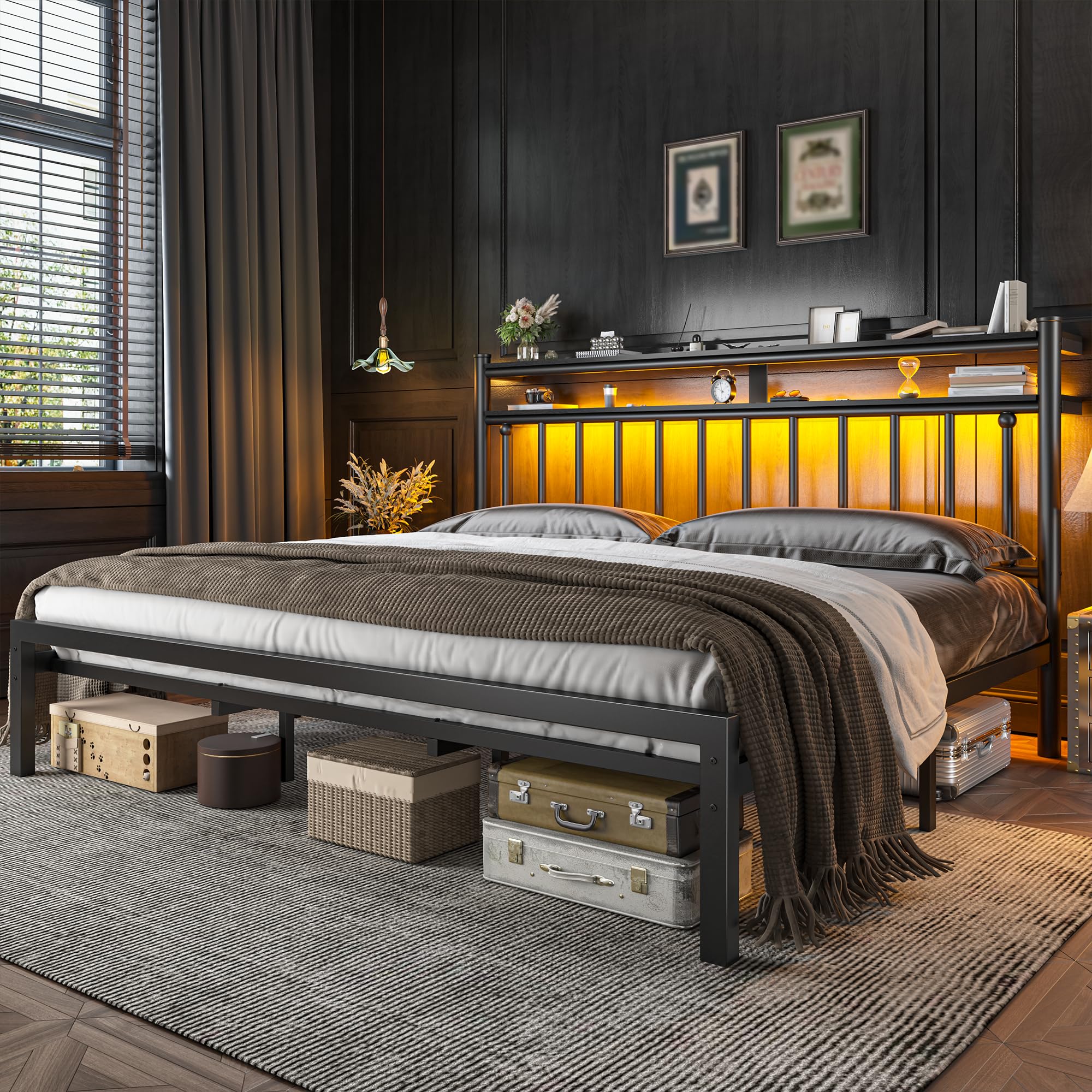 Metal King Size Bed Frame and 2-Tier Storage Headboard, Bed Frame King