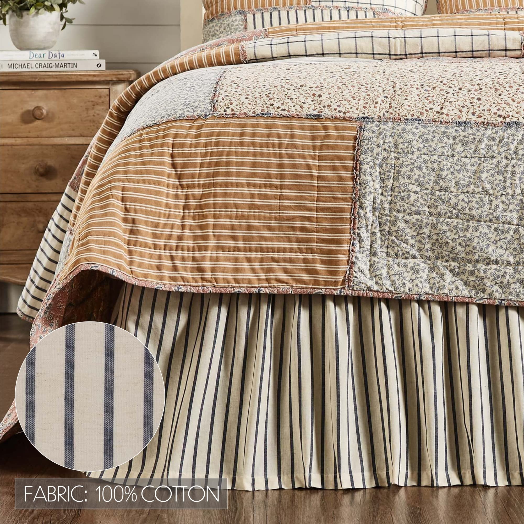Vintage Country Farmhouse Kaila Gathered Blue Stripe King Bed Skirt 78x80x16