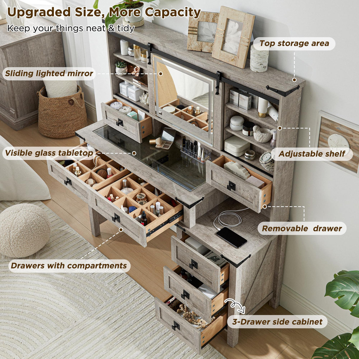 48" Farmhouse Makeup Vanity Desk with Sliding Mirror & Lights