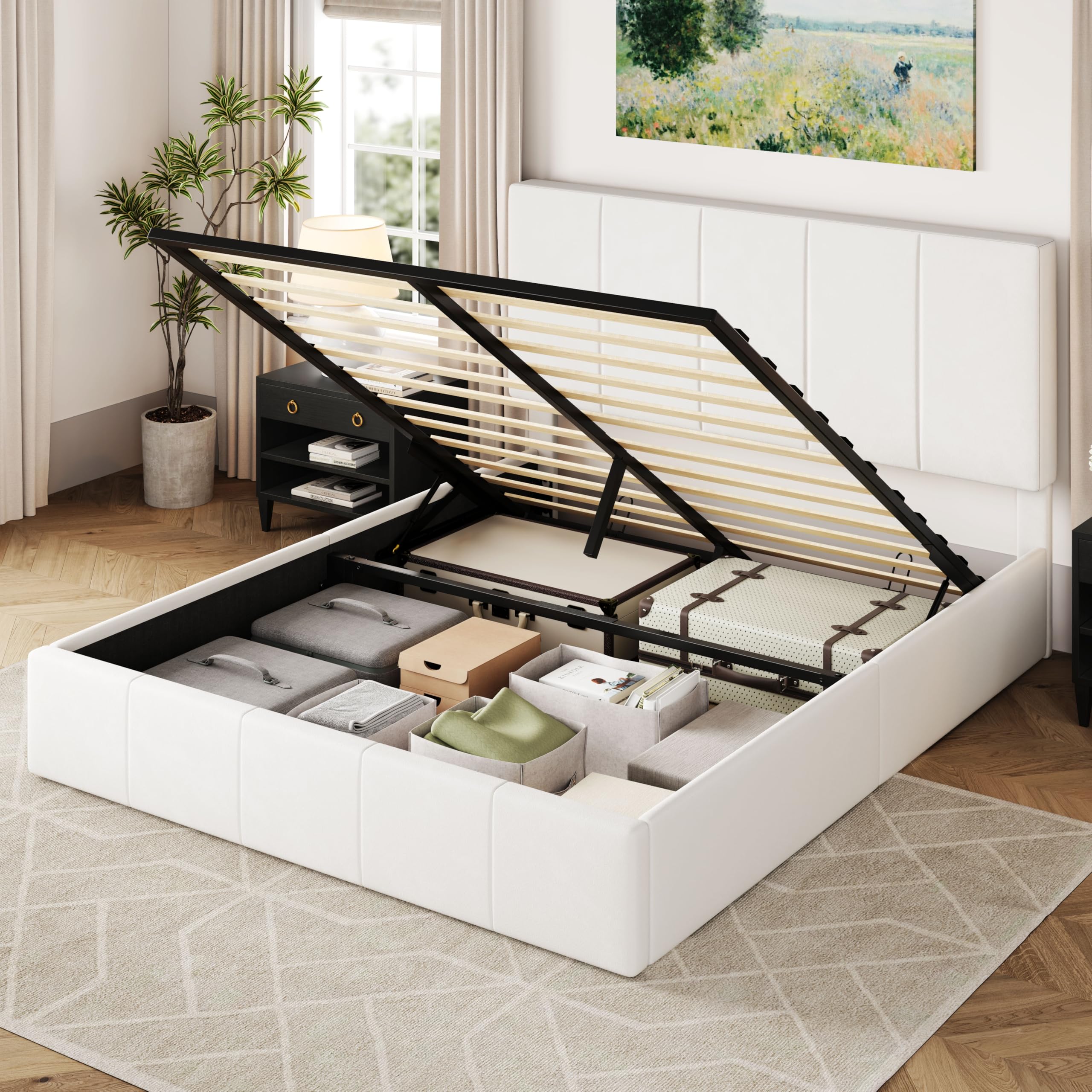 Queen Size Velvet Lift Up Storage Bed Frame, Vertical Channel Tufted Headboard