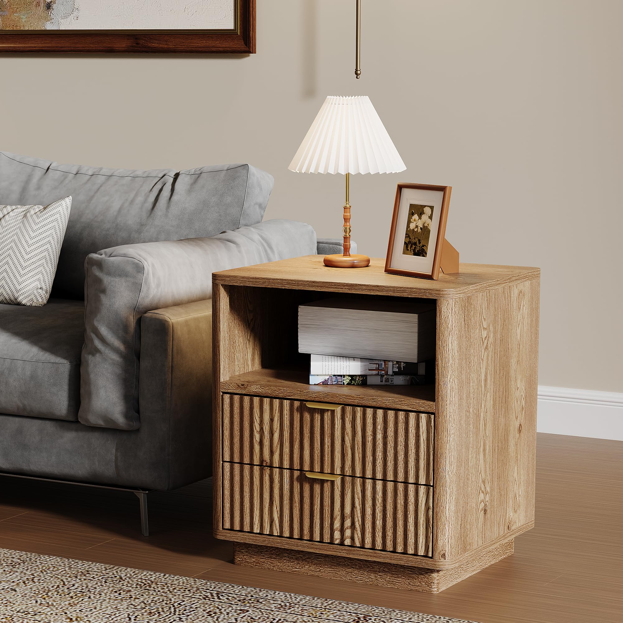 Nightstands Set of 2 - Brown Wooden Side Tables with 2 Drawers & Open Shelves