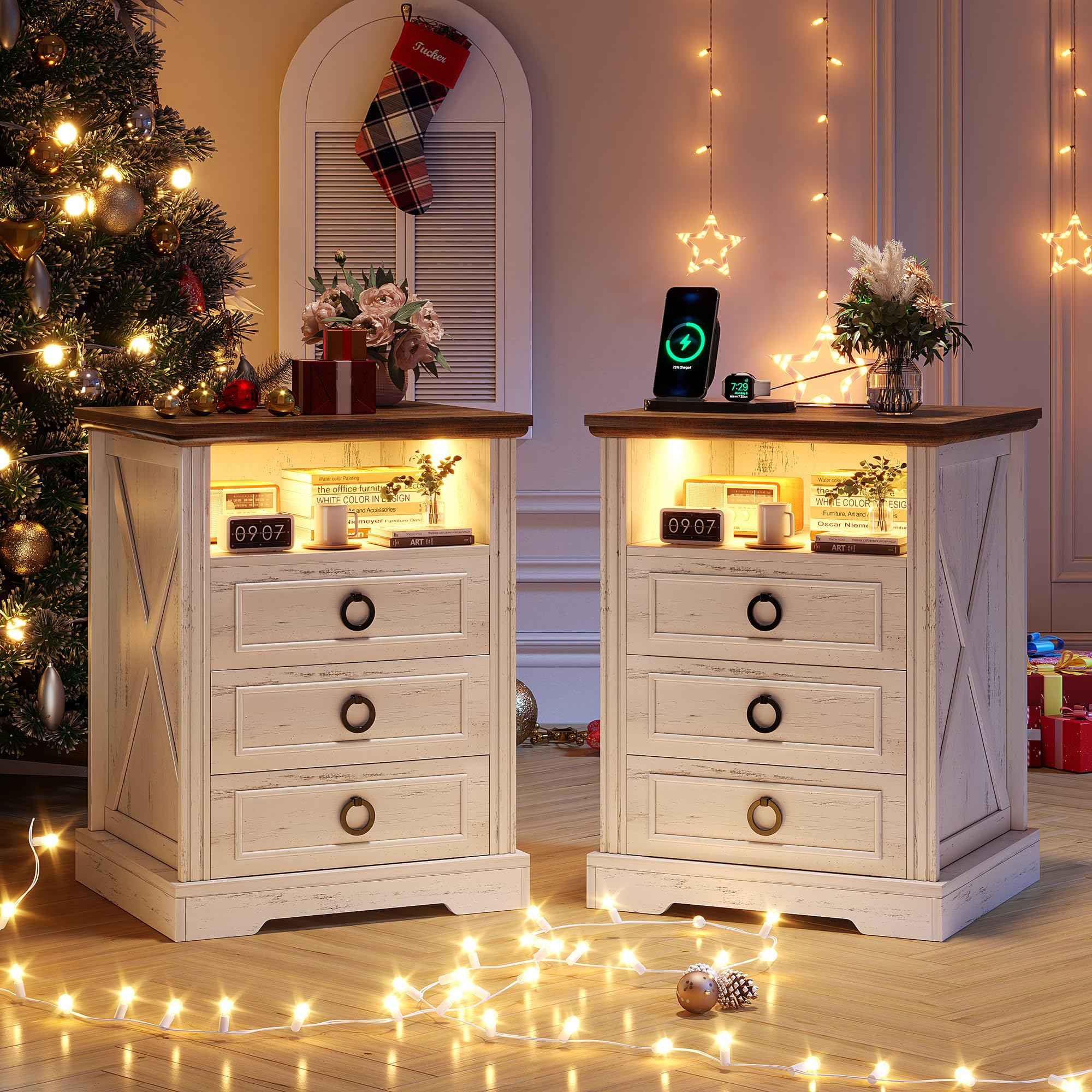 Nightstand Set 2 with Charging Station, Farmhouse End Side Table