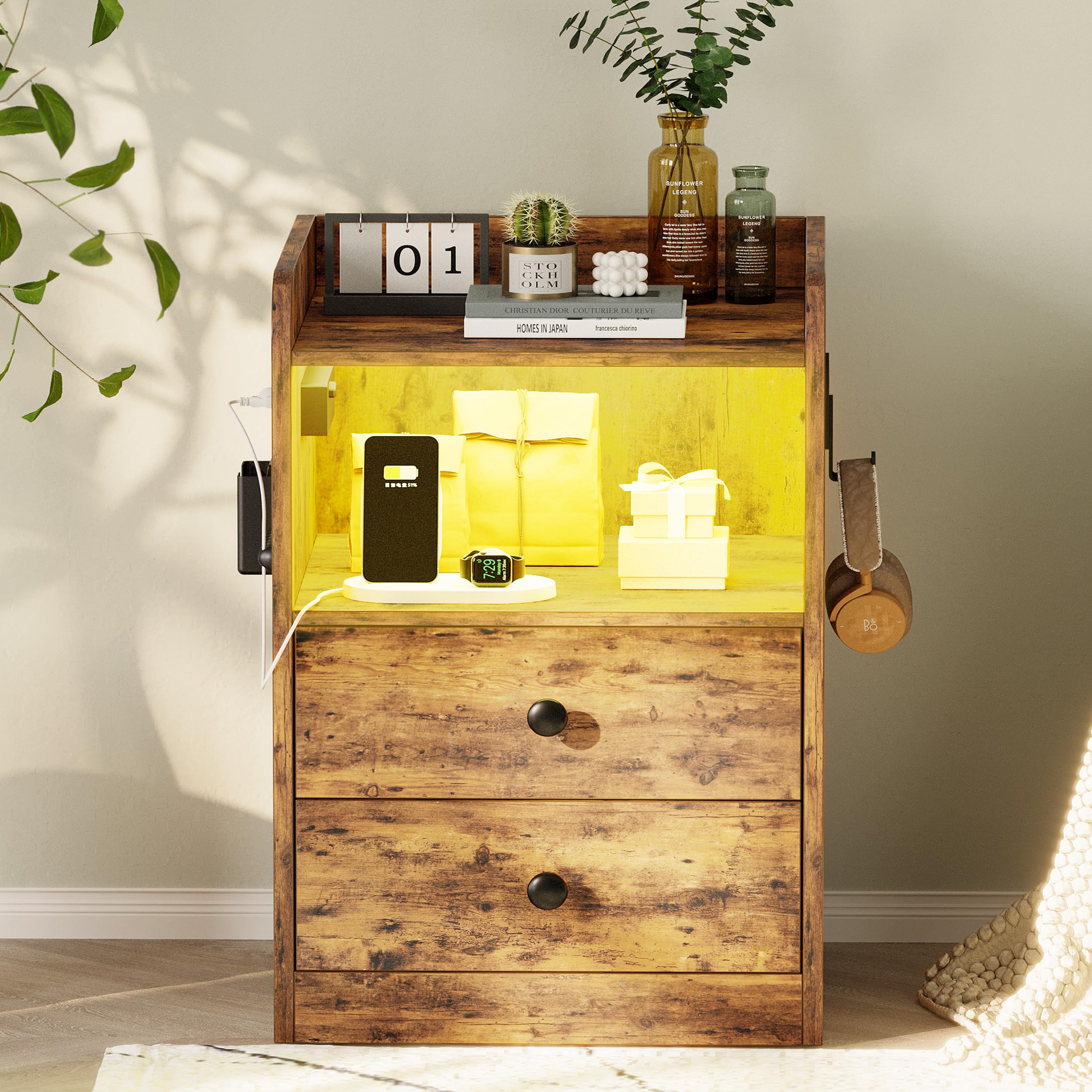 Nightstand with LED, Charging Station & USB Ports