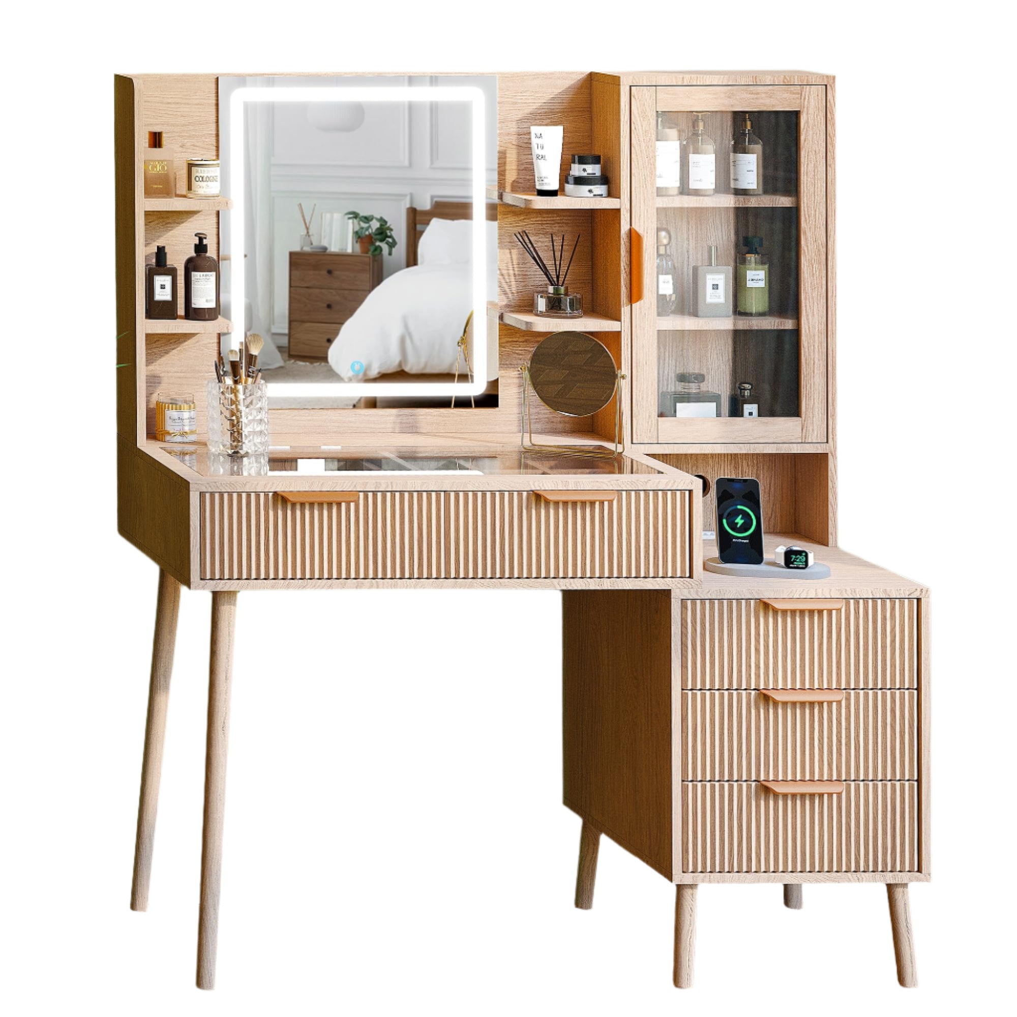 Makeup Vanity Desk with Mirror and Lights, 5 Drawers Glass Top Makeup