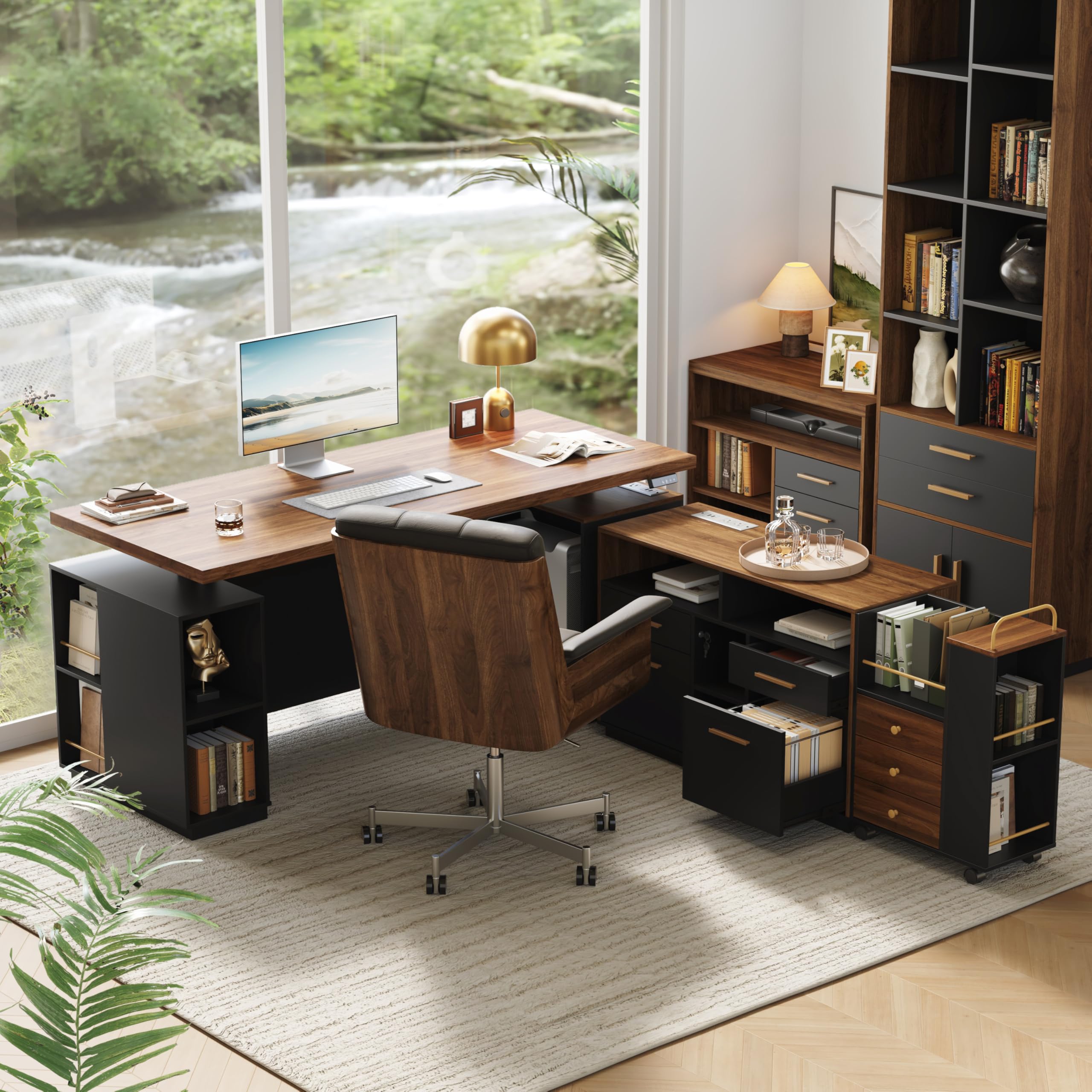 L-Shaped Electric Standing Desk with File Cabinets