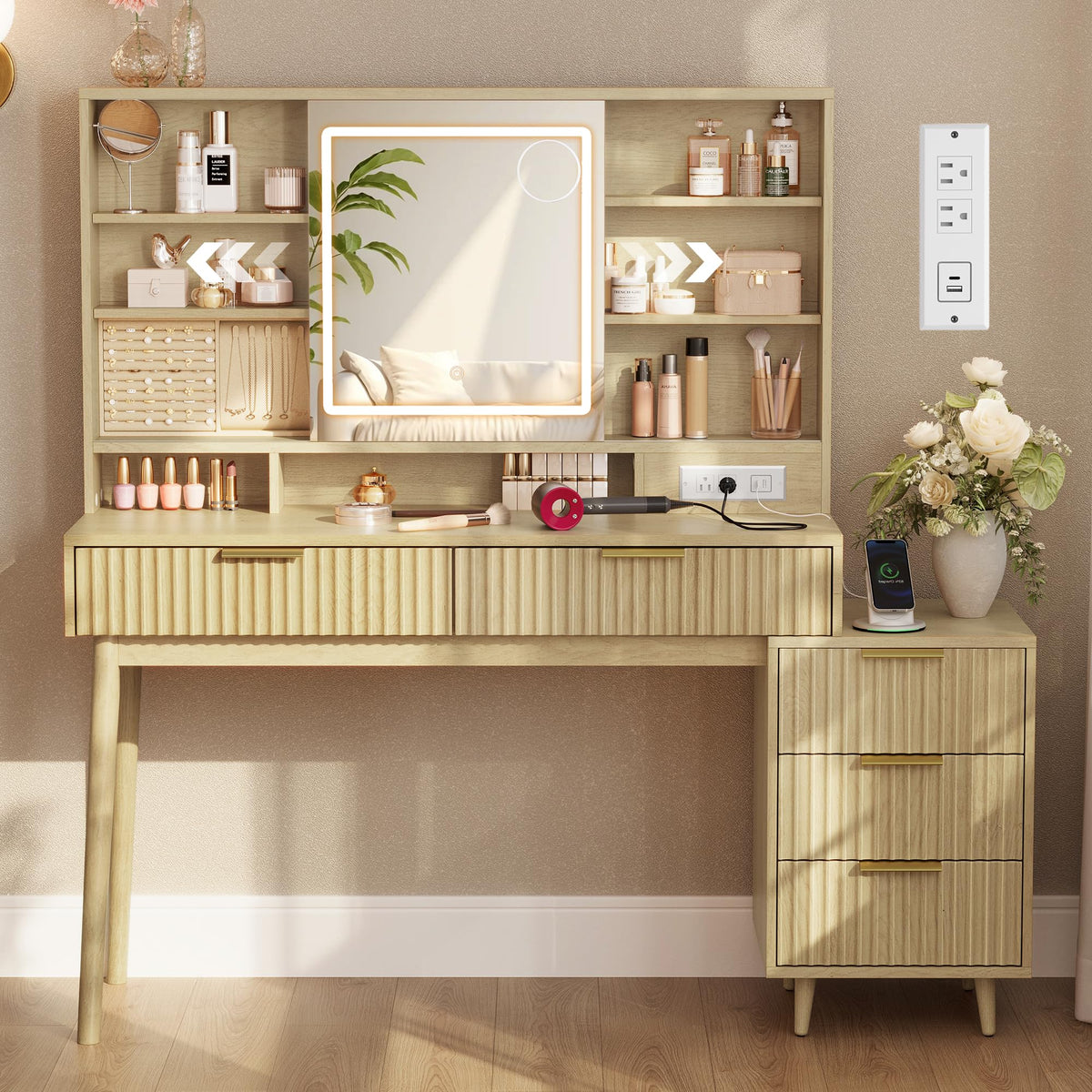 Fluted Makeup Vanity with Sliding Mirror & Lights