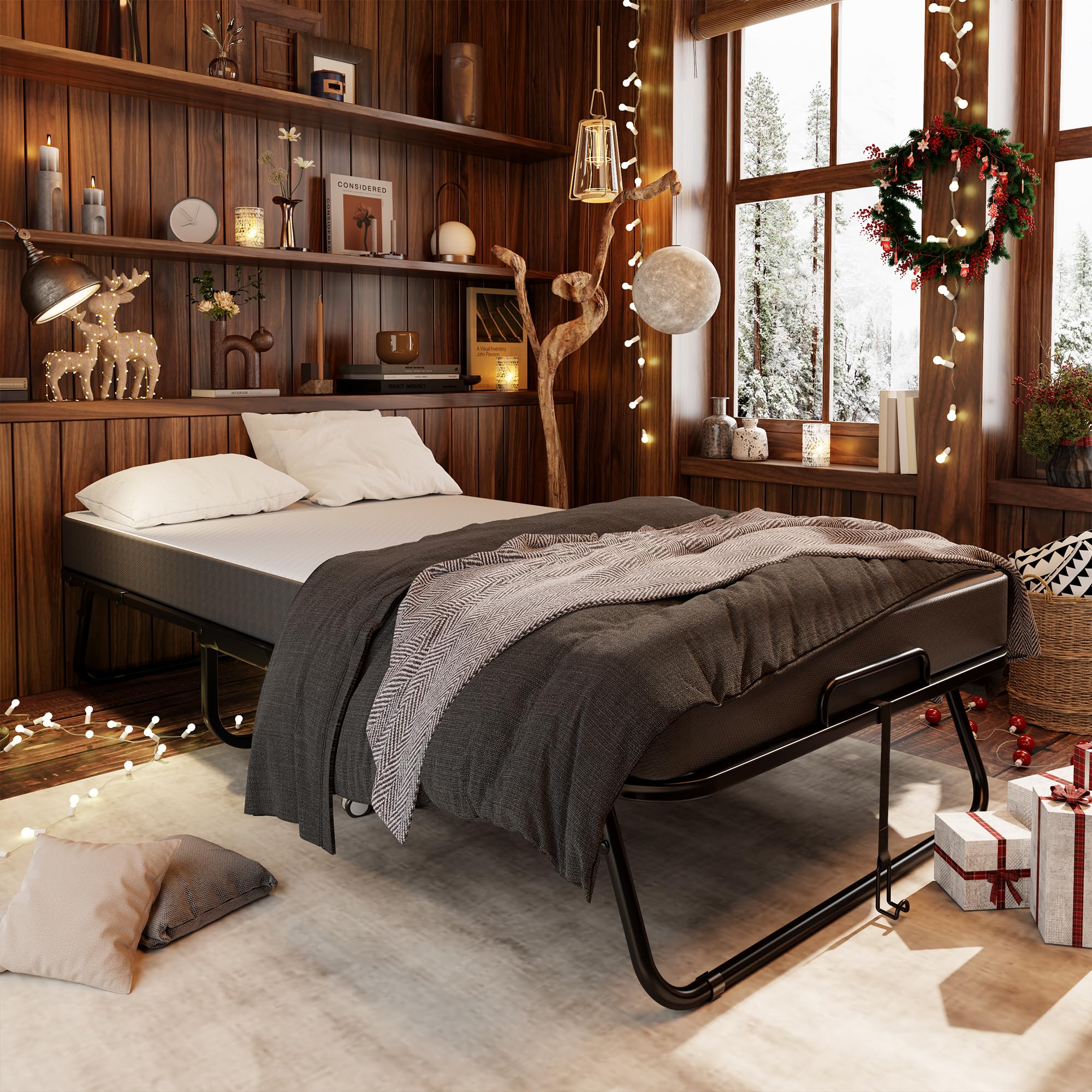Metal Bed Frame with Mattress, 75 "x 38" Portable Rollaway Adult Guest Twin