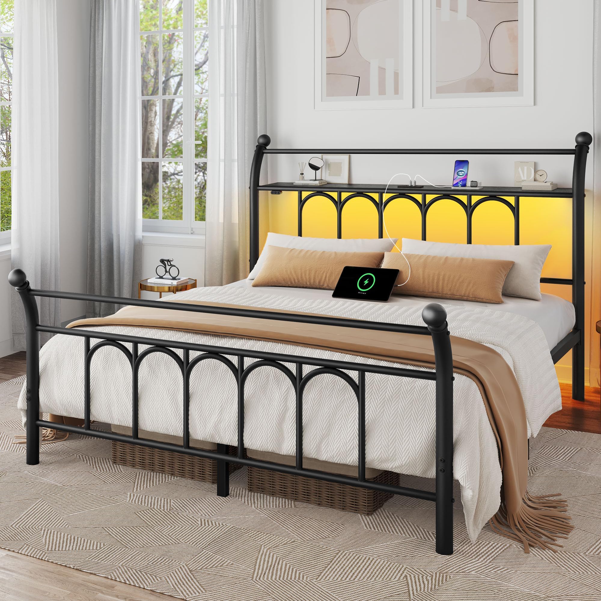 Full Size Bed Frame with 2 Storage Drawers, Upholstered Bed Frame