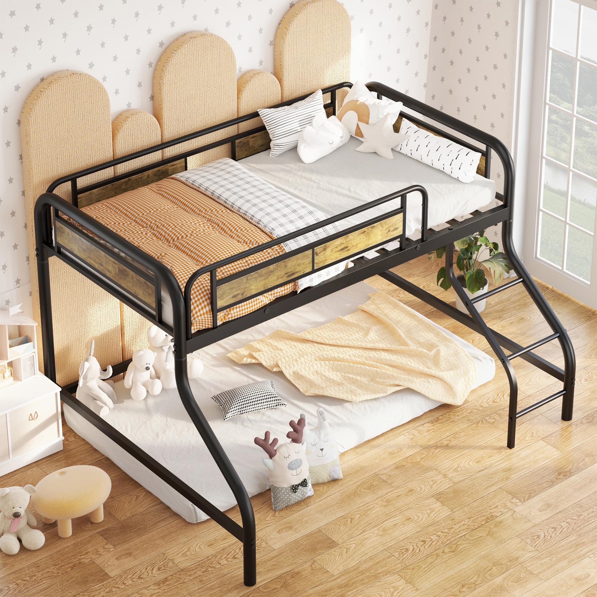 Twin Metal Loft Bed Frame with Stairs & Safety Rail, Space Saving Kids Bed