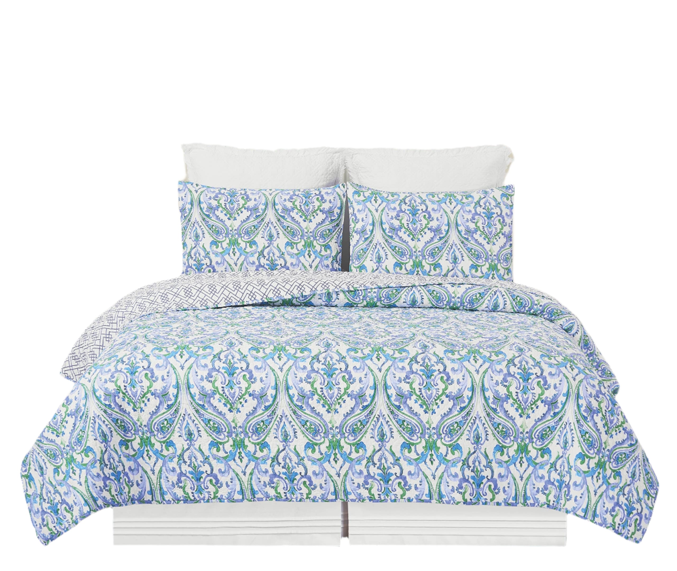 Juliet King 3 Piece Reversible Coverlet Quilt Set with 2 King Shams Quilt Set Blue Green