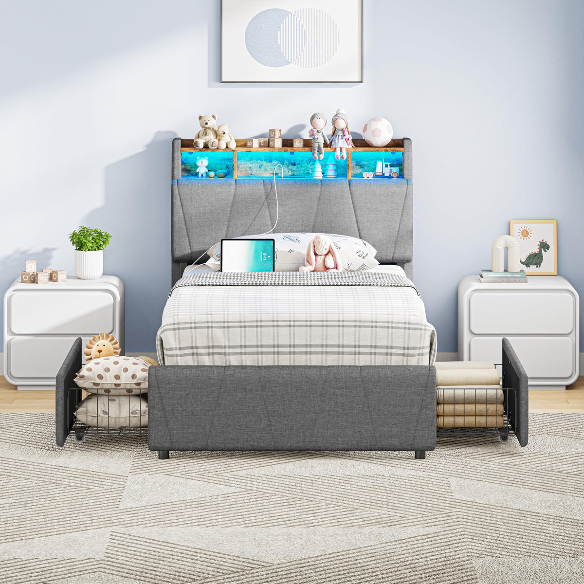 Twin Upholstered Bed Frame with 2 Storage Drawers, Charging Station & RGB LED