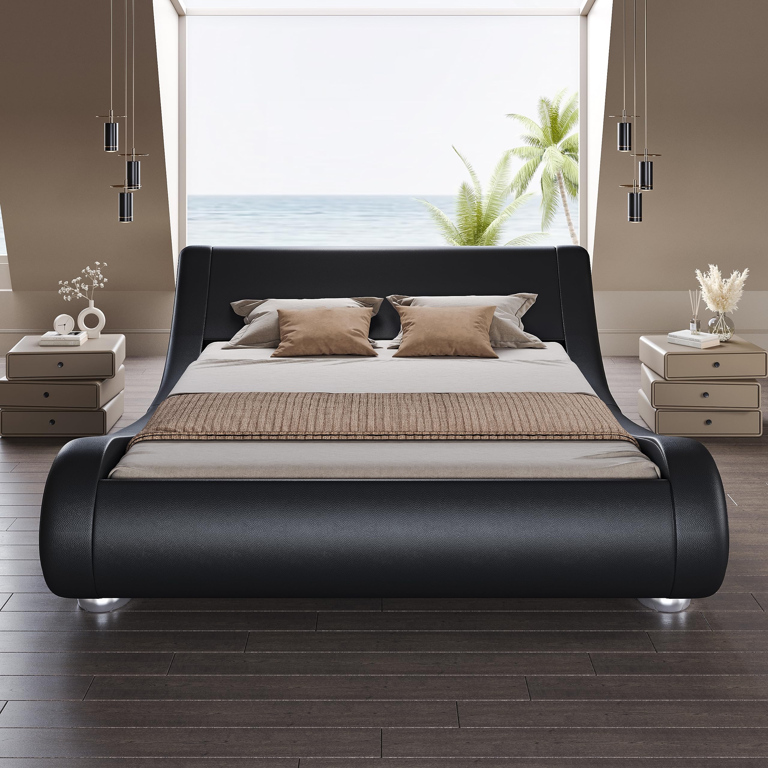 Queen Size Upholstered Bed Frame, Deluxe Low Profile Sleigh Bed with Faux Leather
