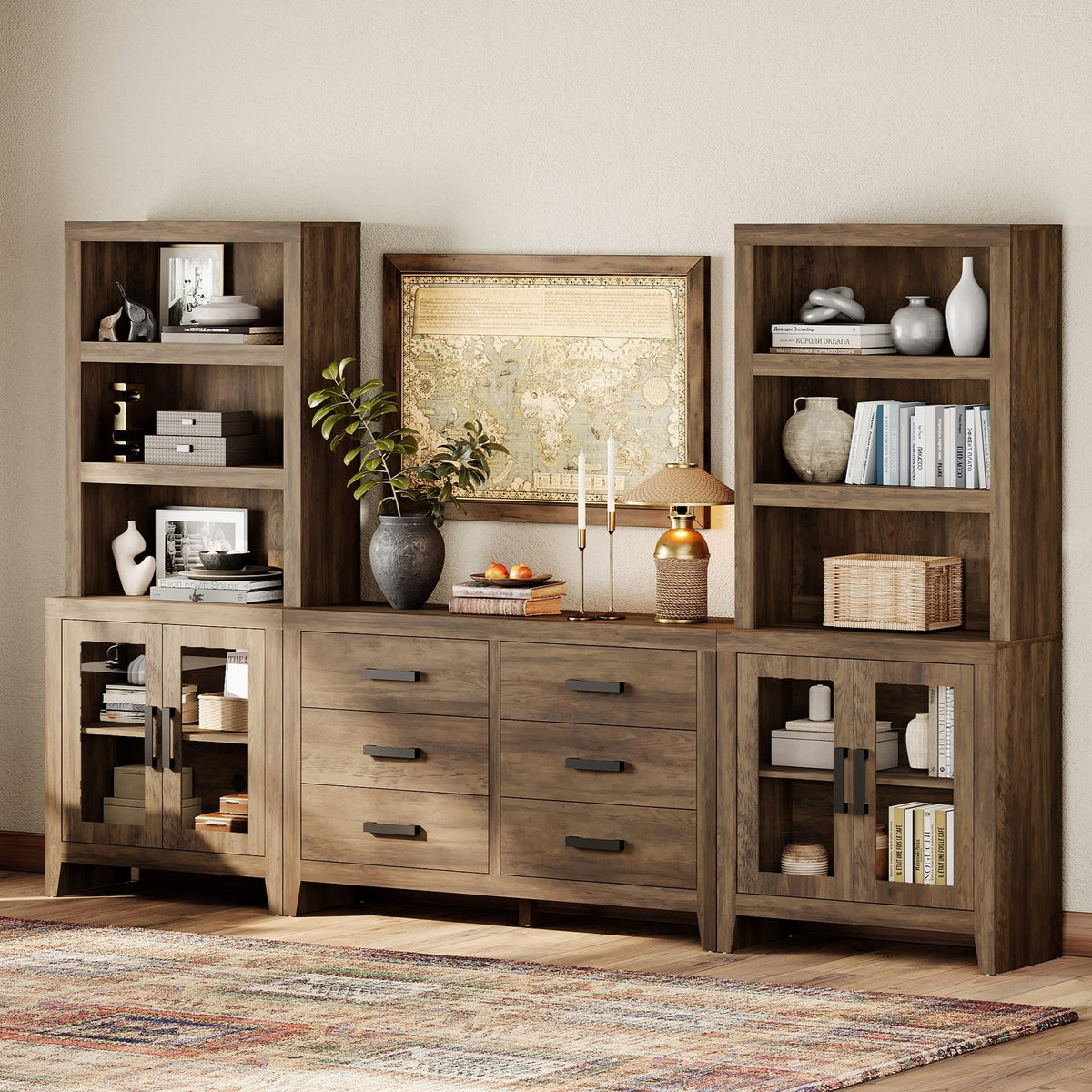 Farmhouse Entertainment Center Wall Unit with Bookshelves & Glass Door Cabinets