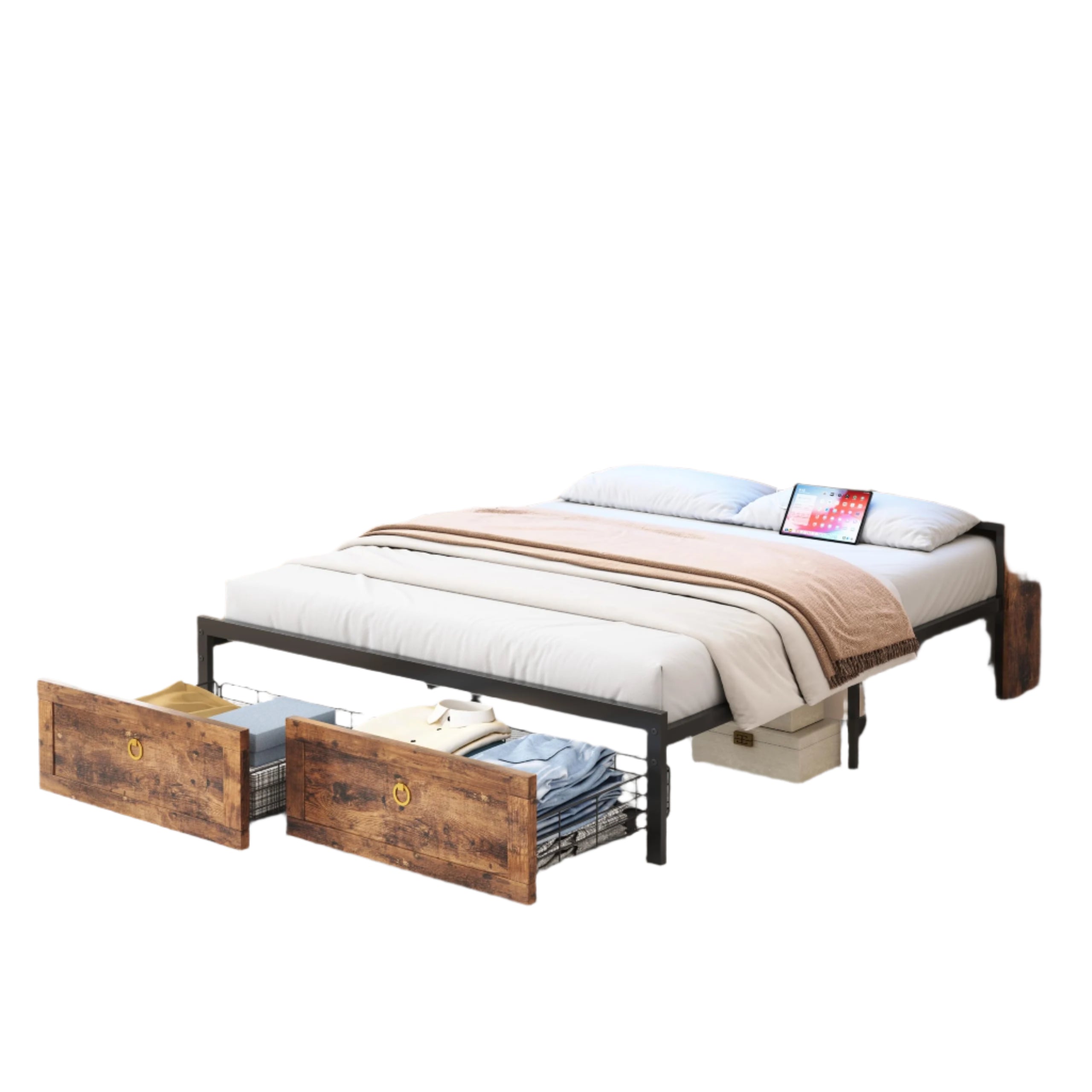 Full Bed Frame with 4 Drawers Bookshelf Headboard, Farmhouse Bed Frame