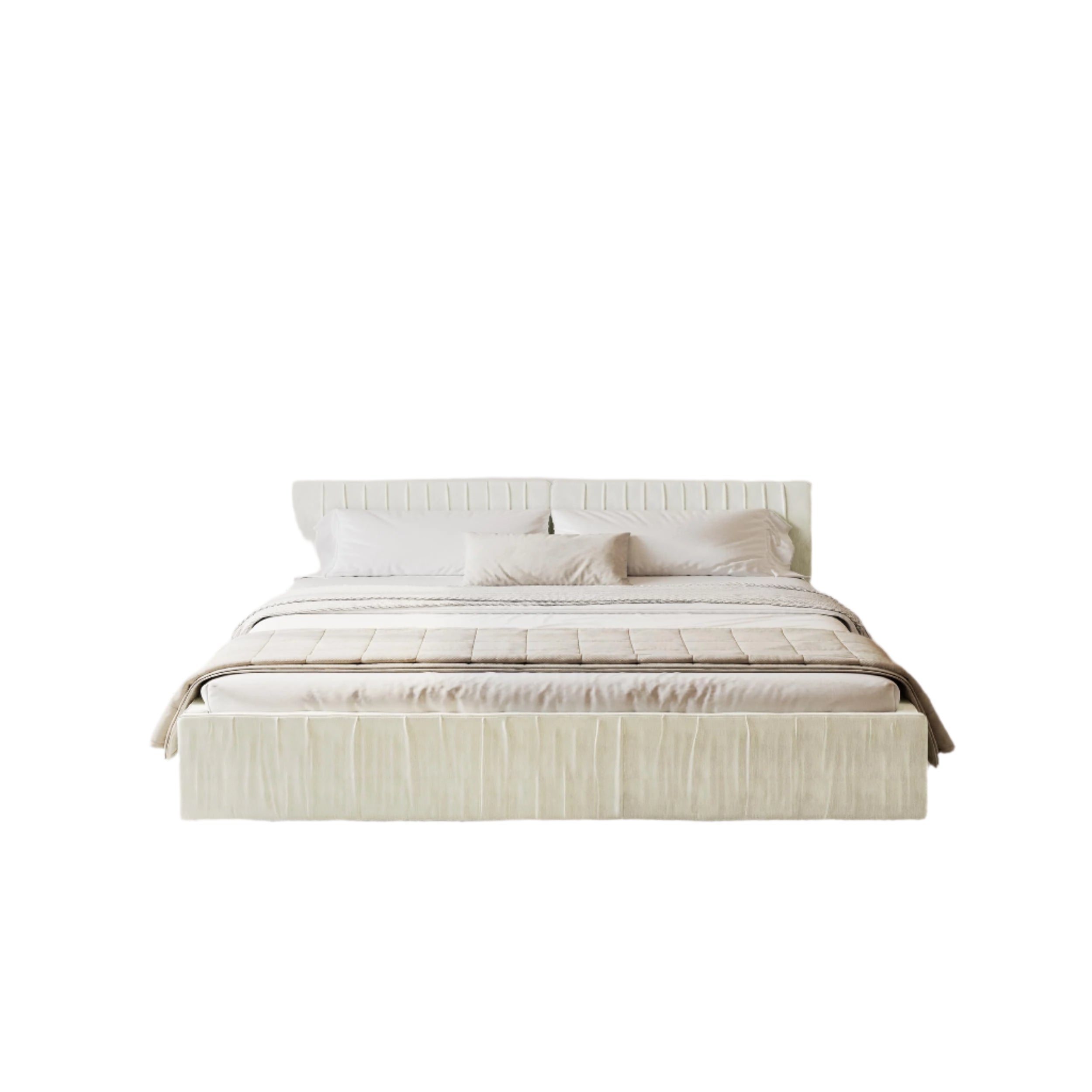 Queen Size Bed Frame with Pleated Headboard, Chenille Upholstered