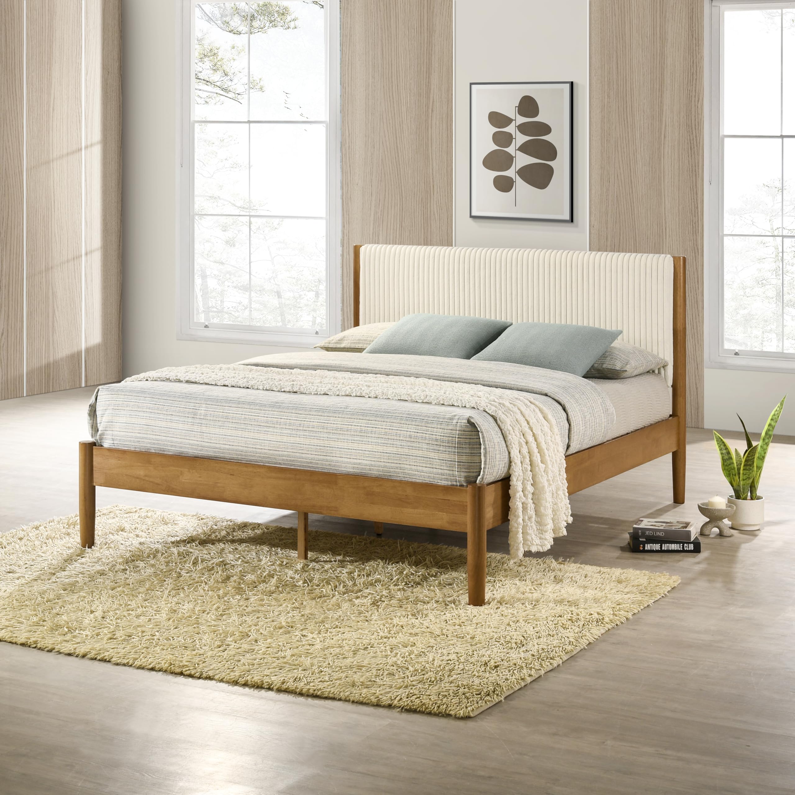 Vichy 2-Piece Rubberwood Bedroom Set with Upholstered Queen Bed and Nightstand