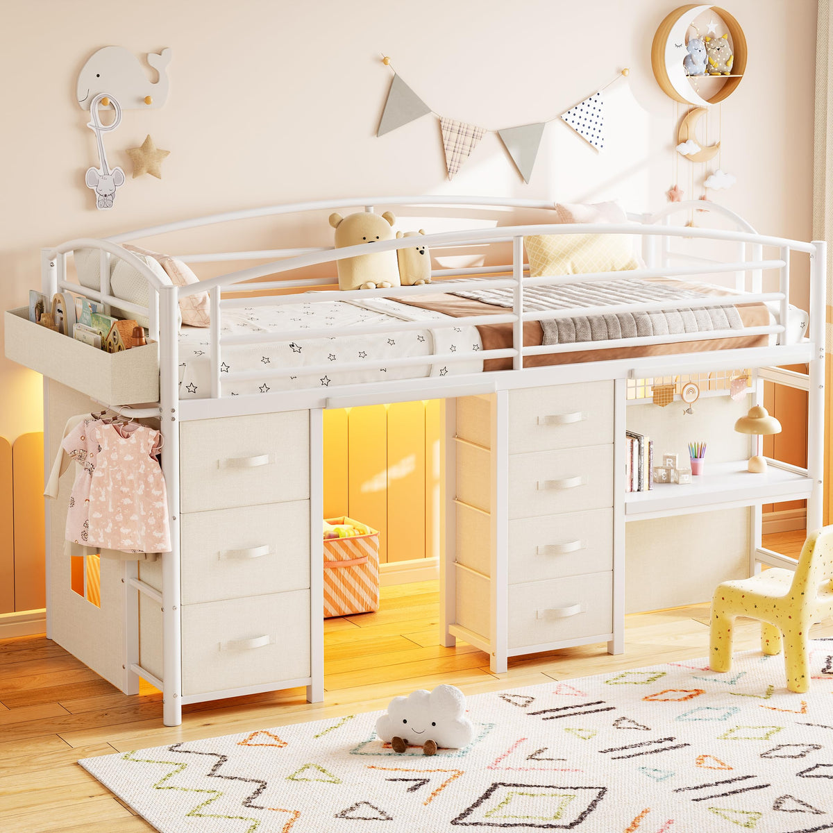Twin Low Loft Bed with 7 Drawers, Desk & LED Lights