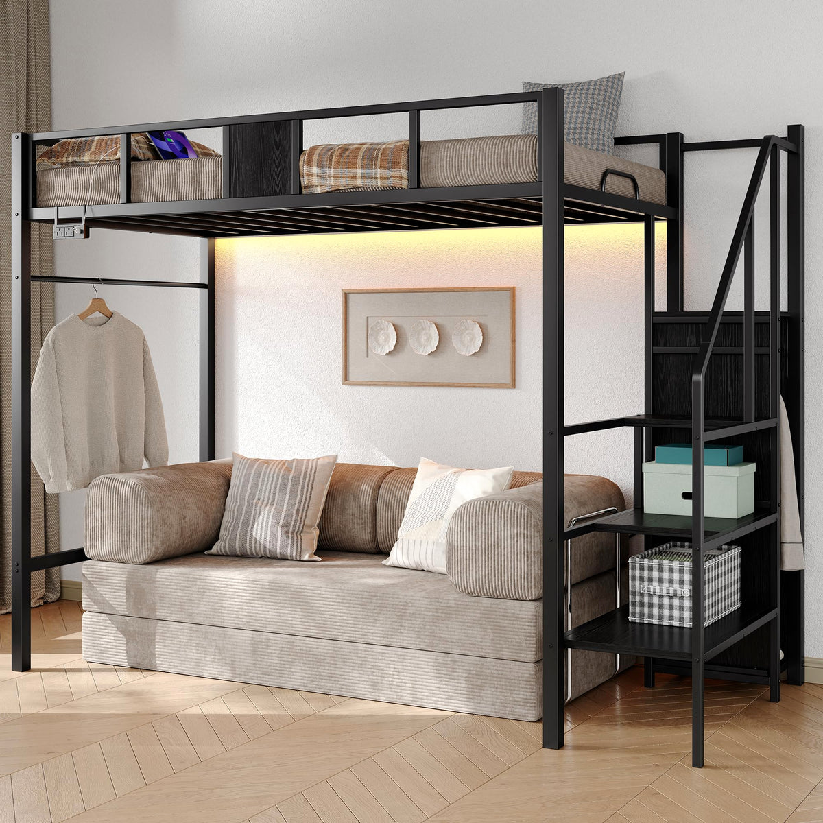 Twin Loft Bed with Storage Stairs, Wardrobe, RGB LED & Charging Station