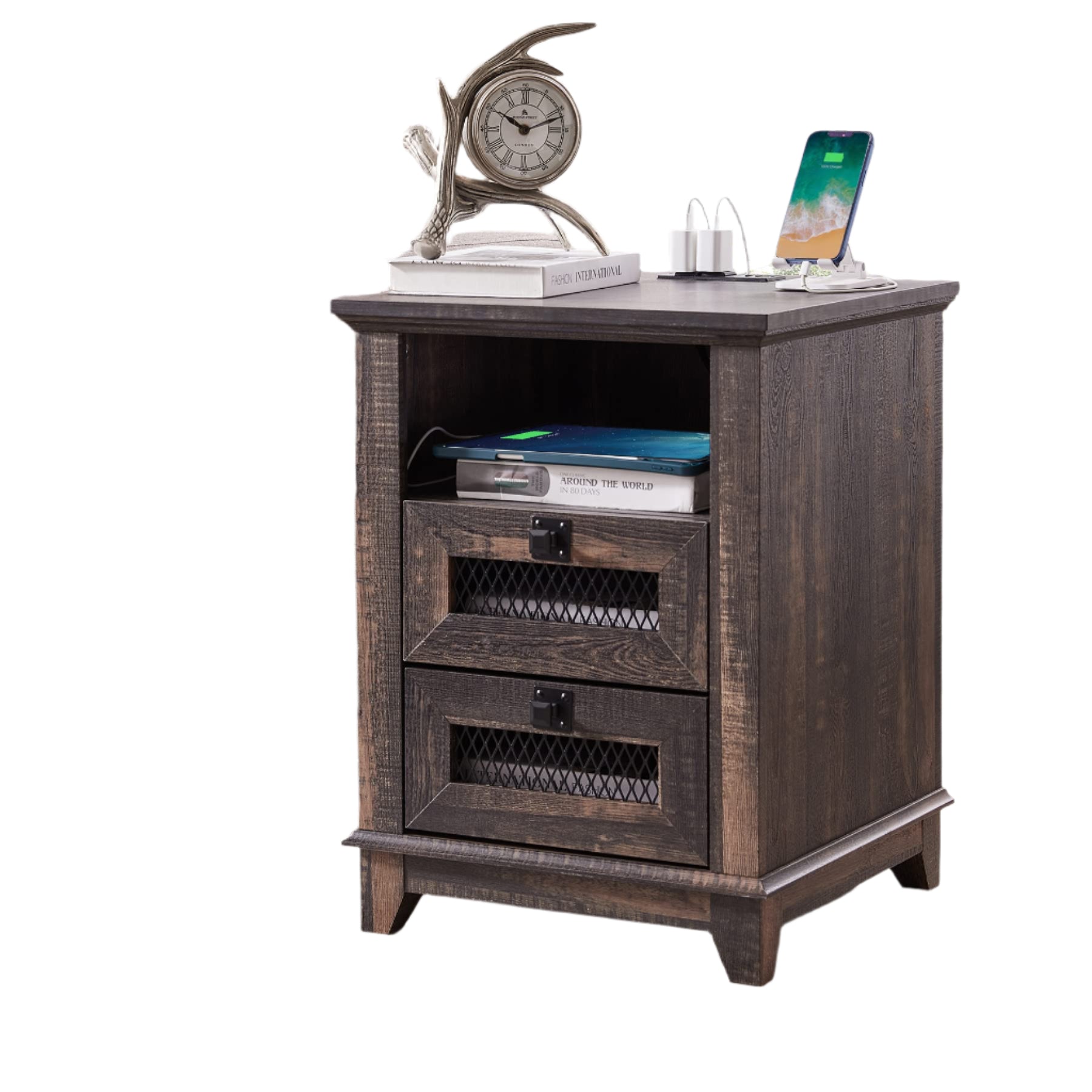 Nightstand with Charging Station, 18'' Industrial & Farmhouse End Table
