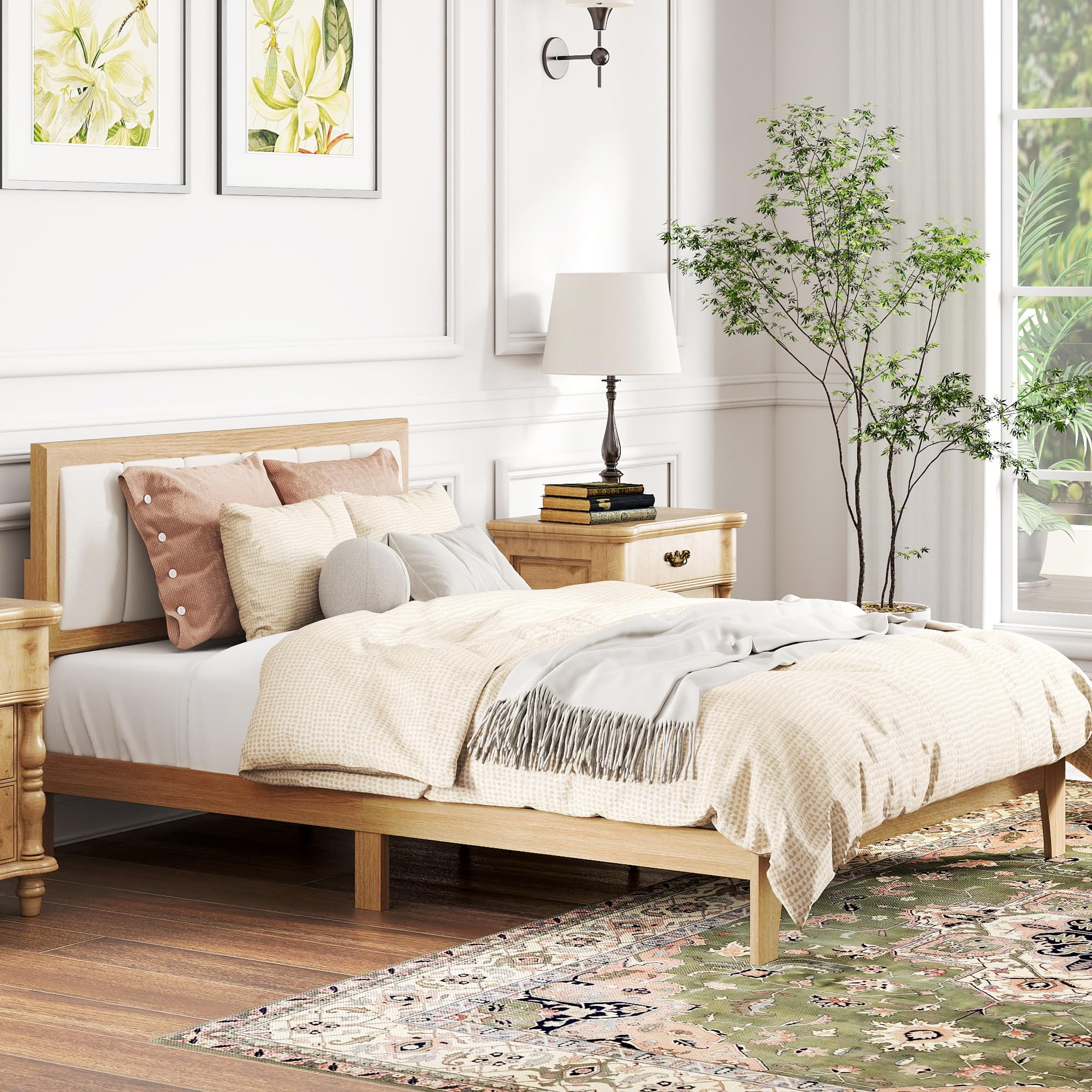 Size Bed Frame with Upholstered Headboard, Platform Bed Frame