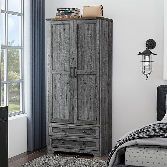 Wooden Armoire Wardrobe Closet - Modern Functional Clothes Tall Storage