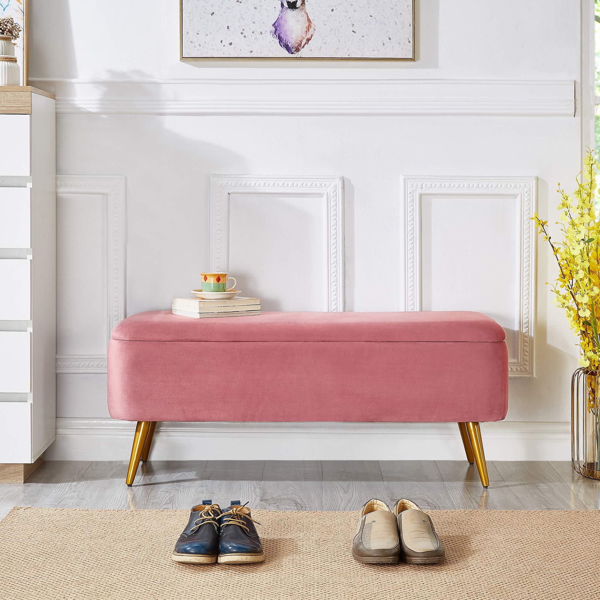 Upholstered Velvet Storage Bench 44"W x 16"D x 18"H Rose