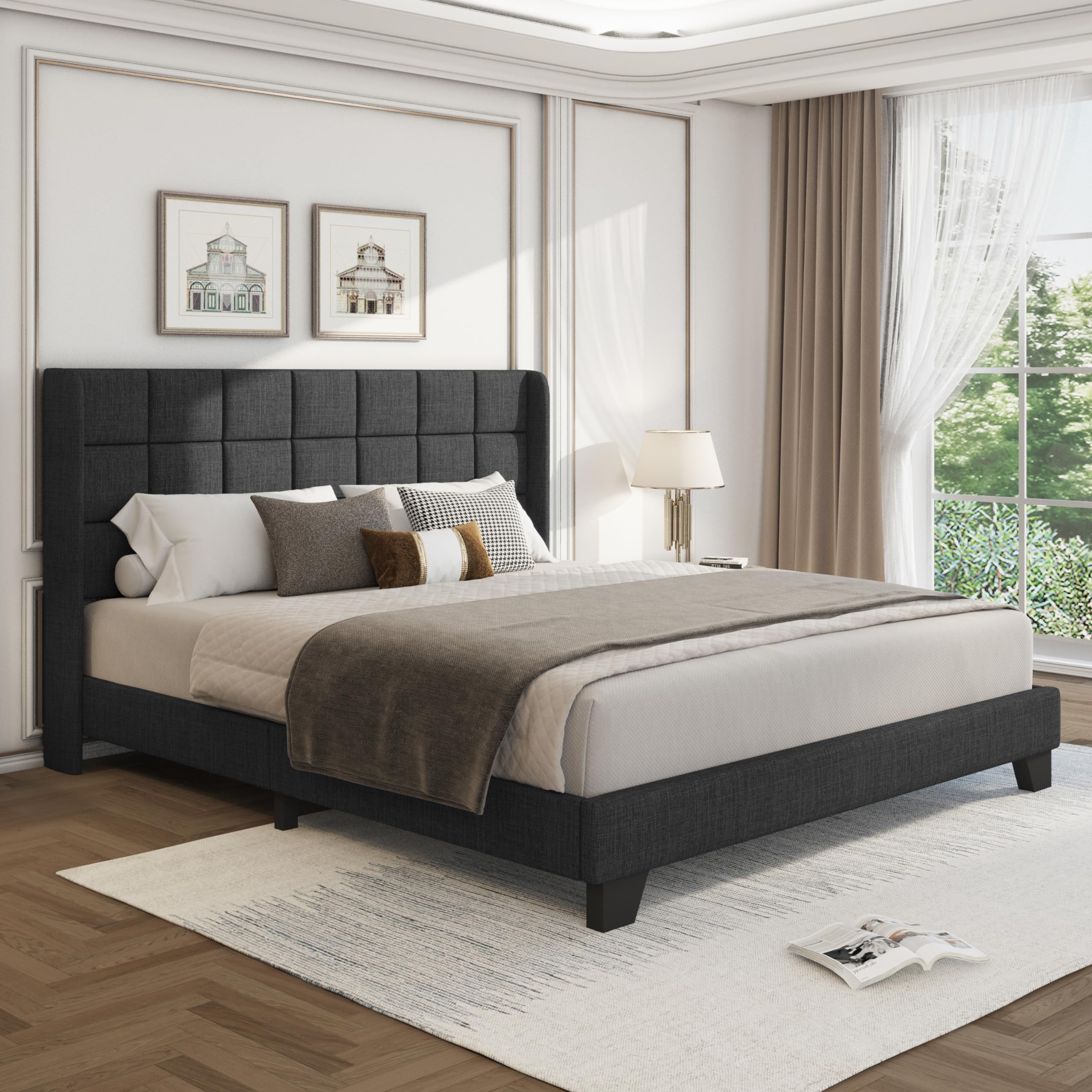 Queen Size Wingback Upholstered Platform Bed Frame, Box-Tufted Headboard