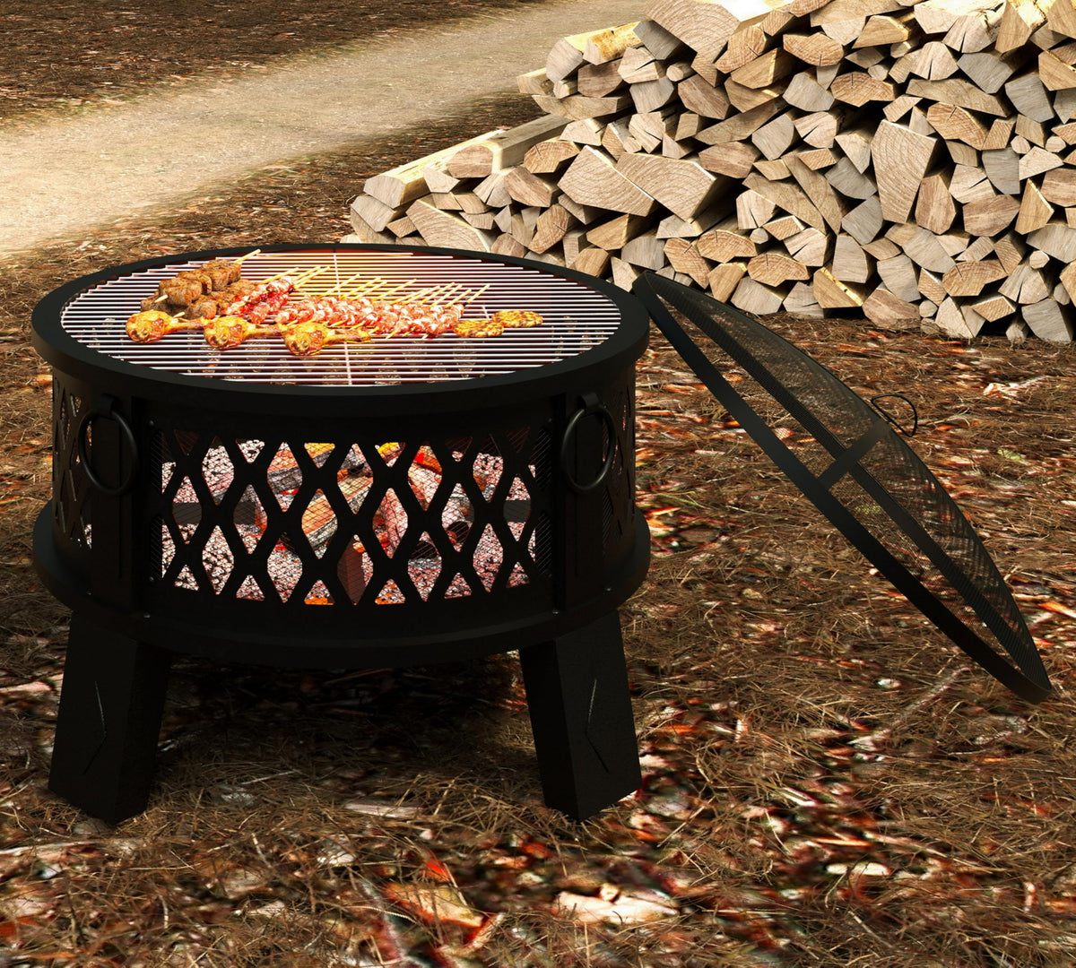 26" Steel Fire Pit with Grill & Diamond Mesh