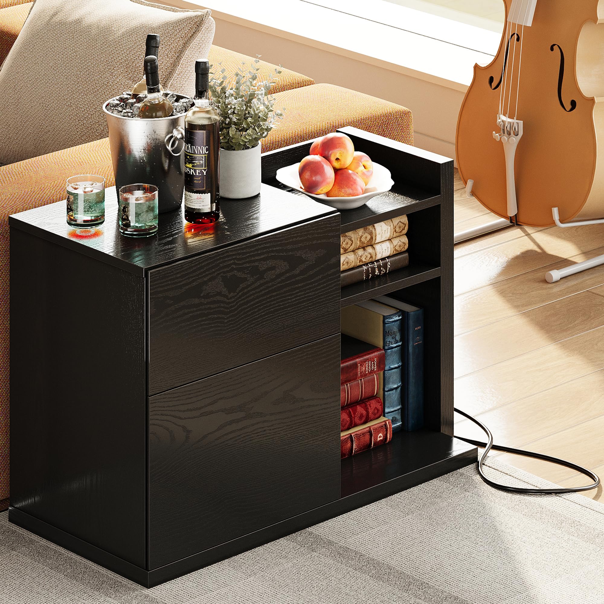 Black Night Stand with Shelves, Charging Station & LED