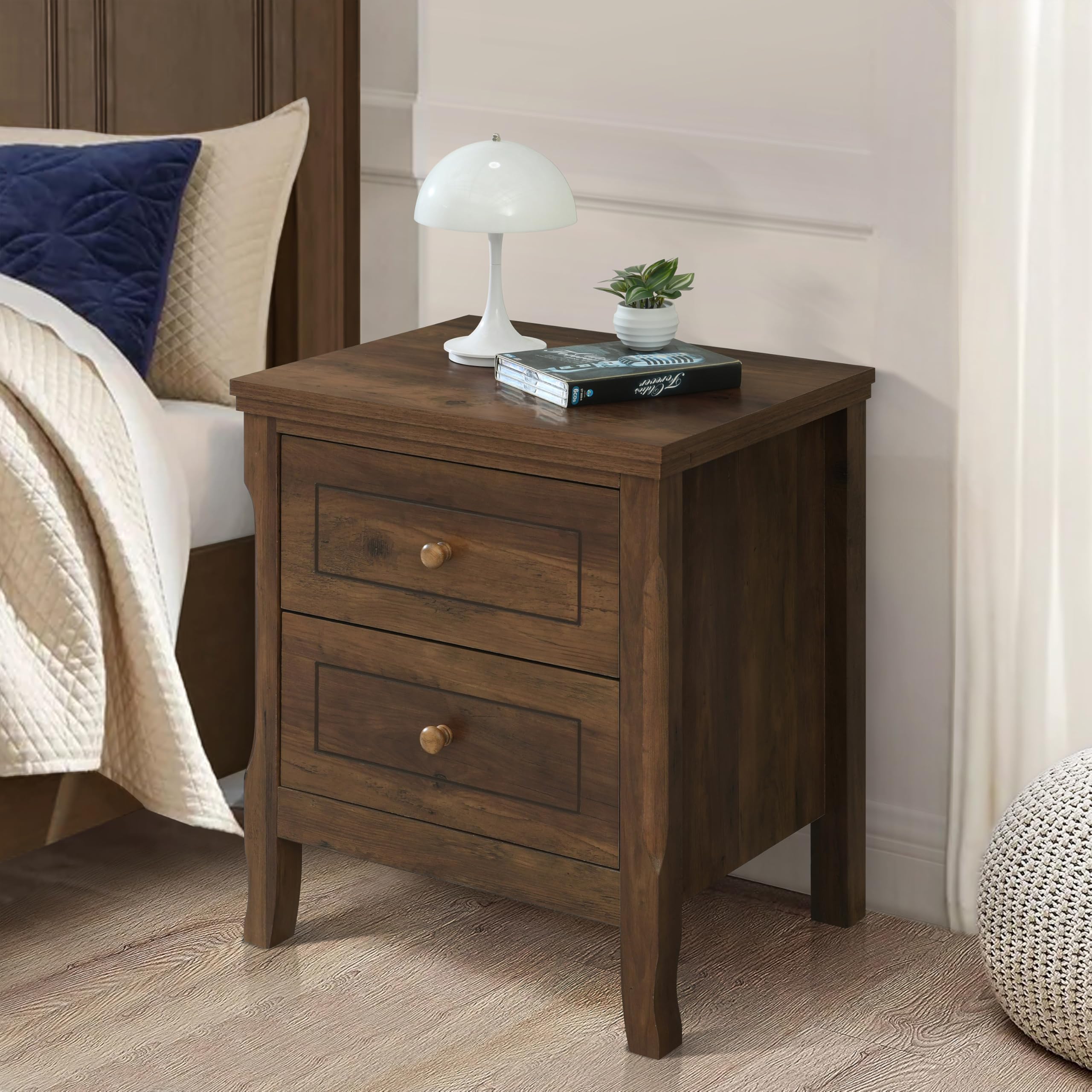 2 Drawer Wood Nightstand, Bedside Table with Storage Drawers