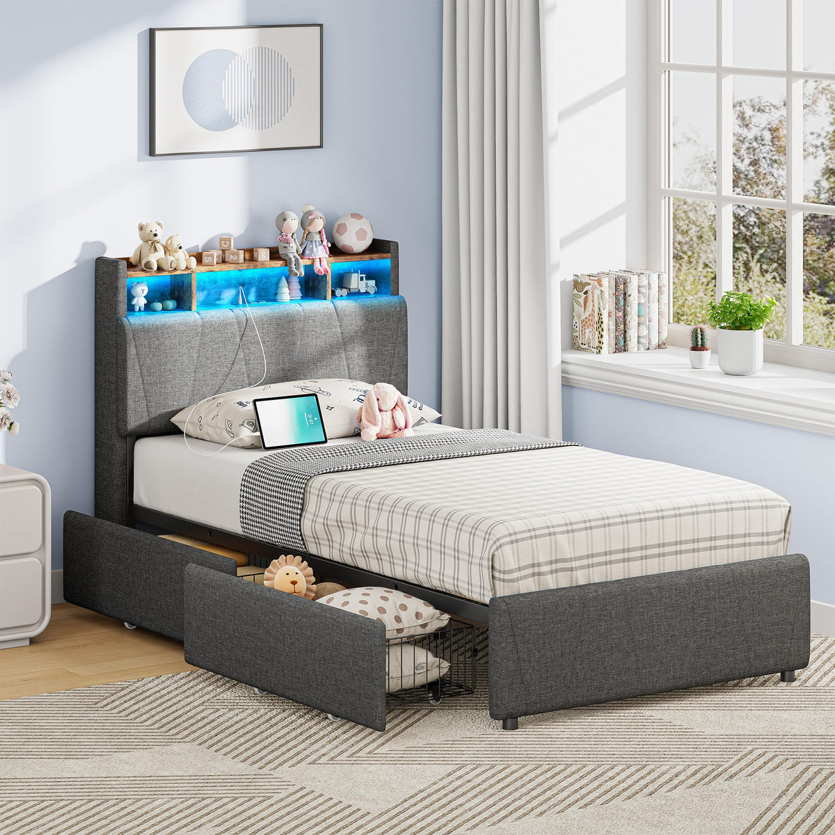 Twin Upholstered Bed Frame with 2 Storage Drawers, Charging Station & RGB LED