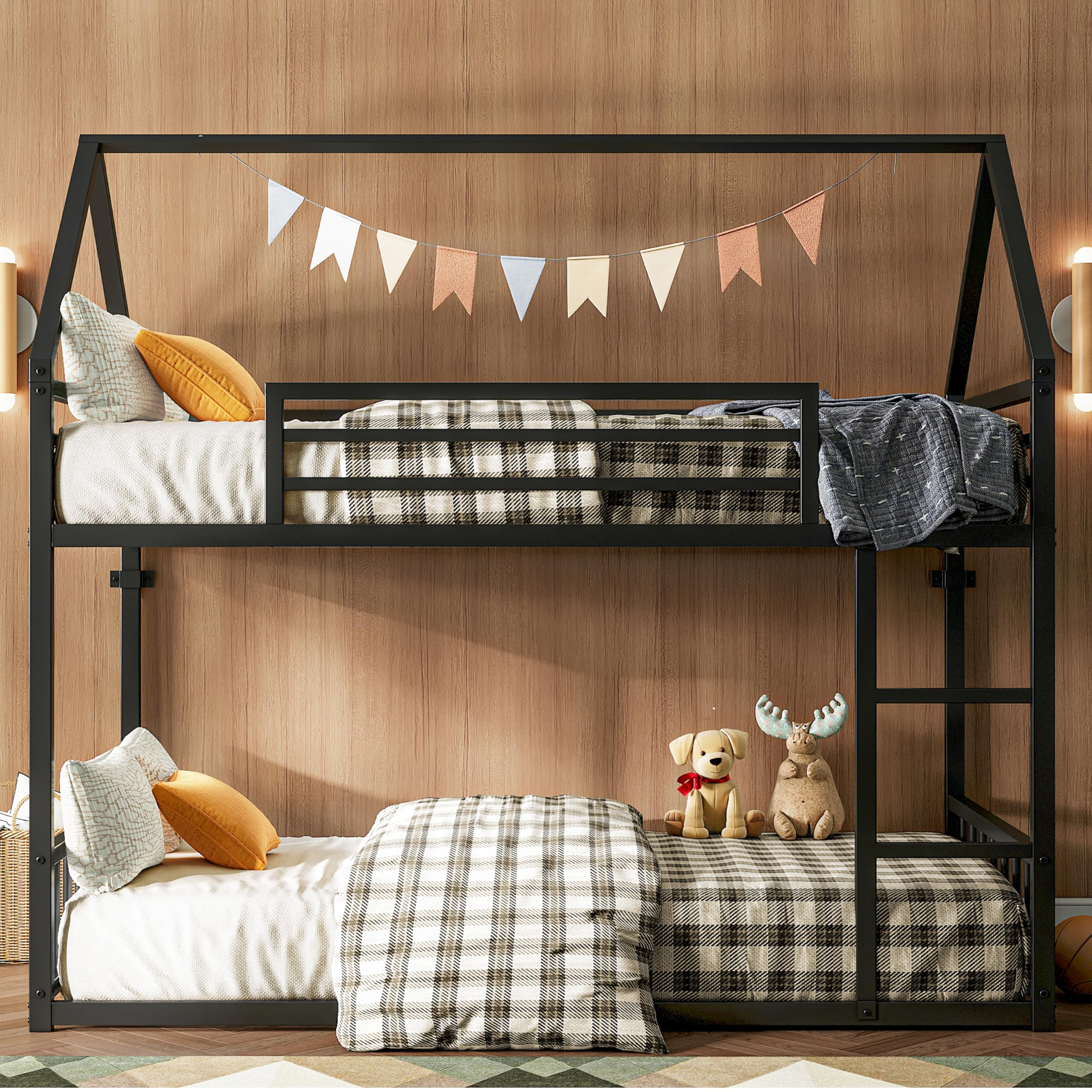 Bunk Bed Twin Over Twin, House Bunk Bed Frame with Ladder