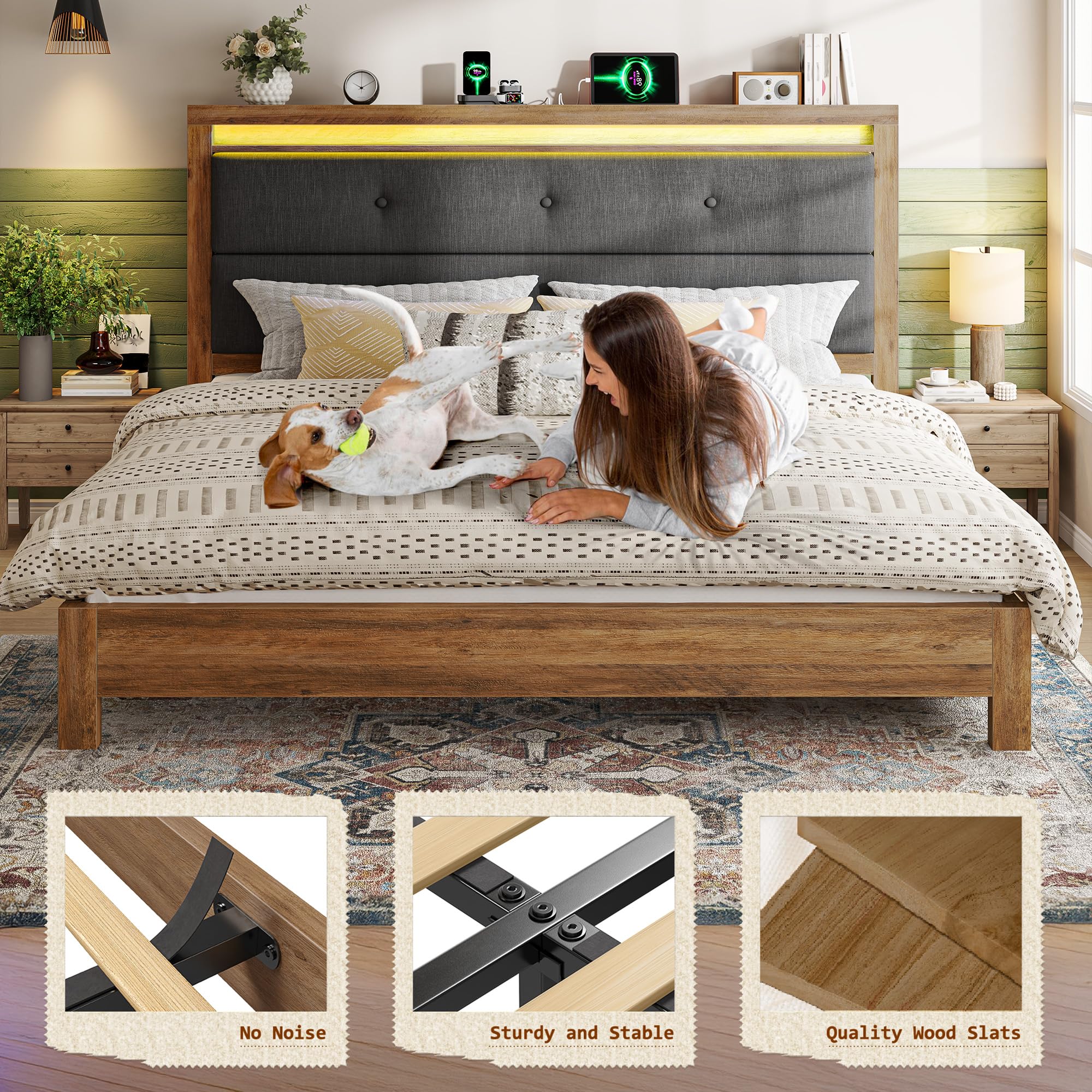 EnHomee King Size Bed Frame, King Bed Frame and Headboard Solid Wooden Platform with Built in Charging Station & Upholstered Headboard LED, No Noise, Easy Assembly, No Box Spring Needed